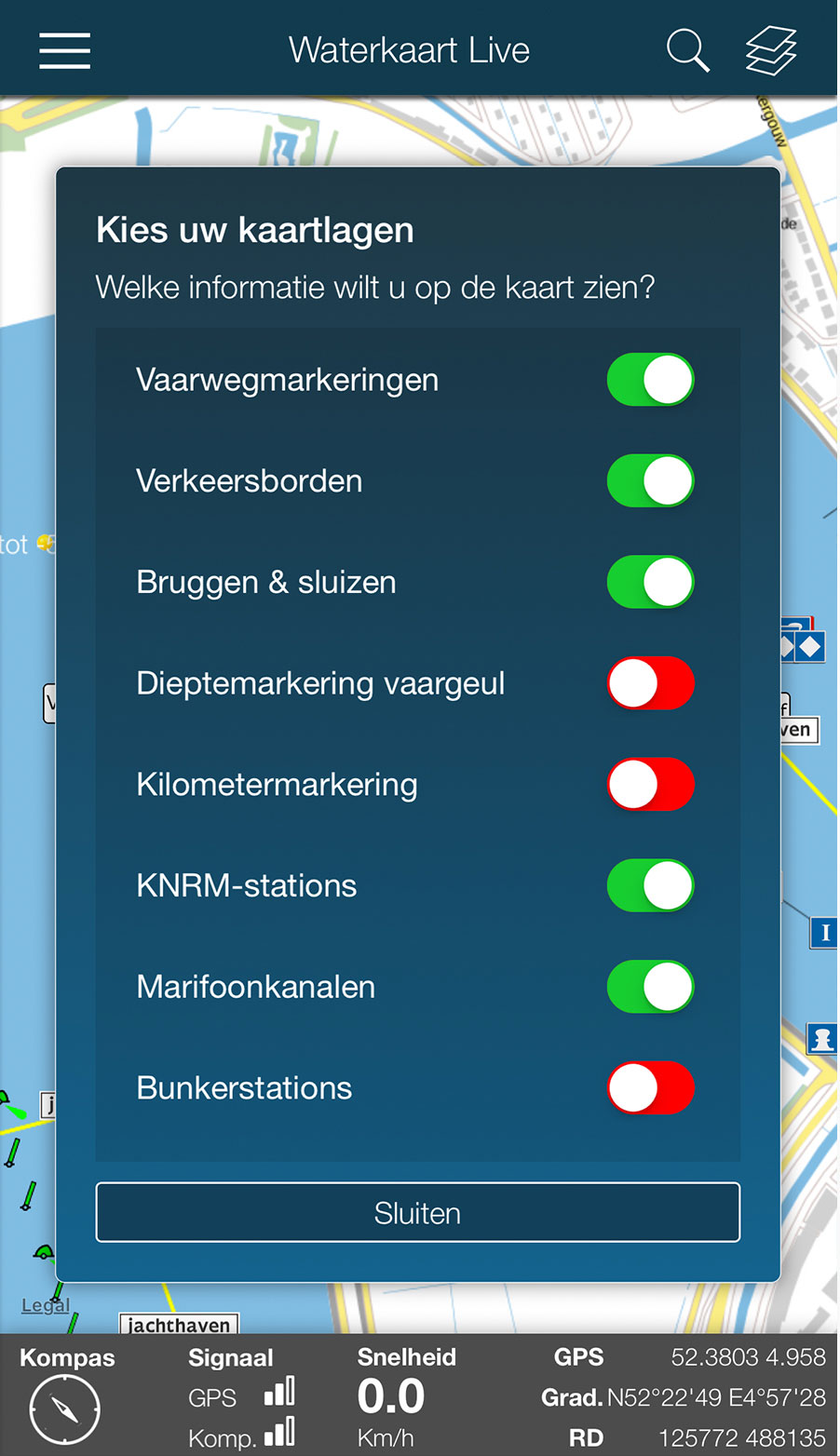 Screenshot Waterkaart Live app: kaartlagen selecteren