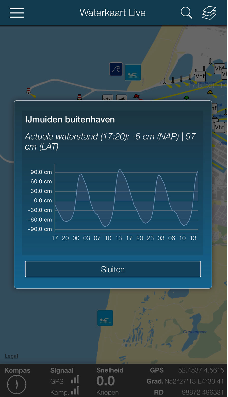 Screenshot Waterkaart Live app: Getij curve