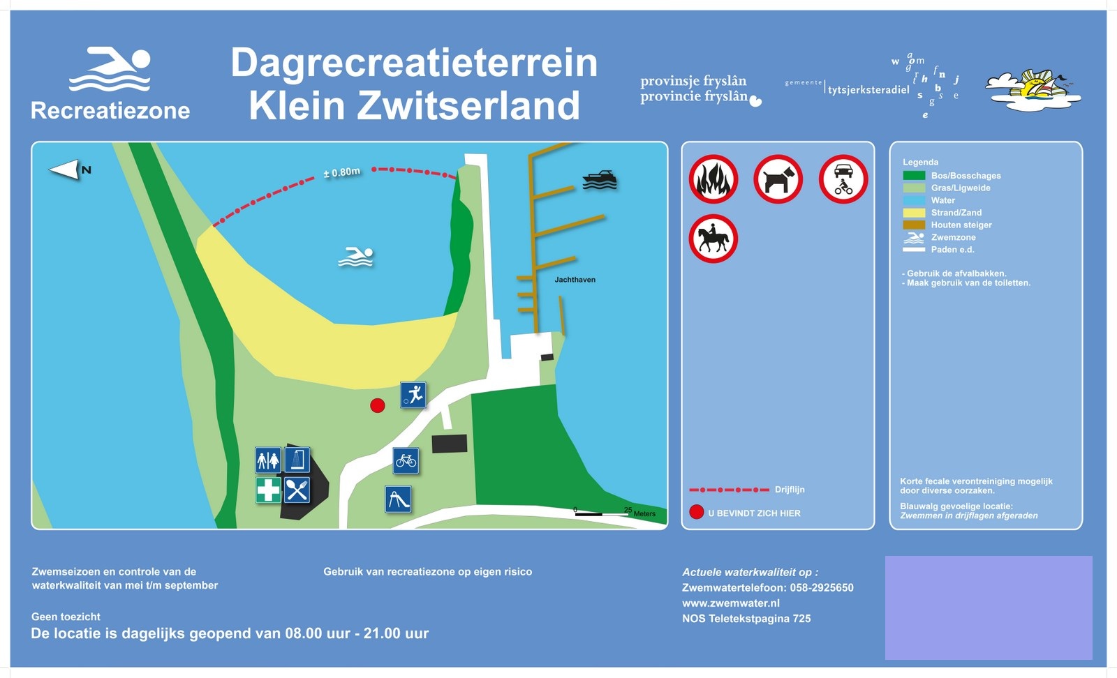Het informatiebord bij zwemlocatie Dagrecreatieterrein Klein Zwitserland