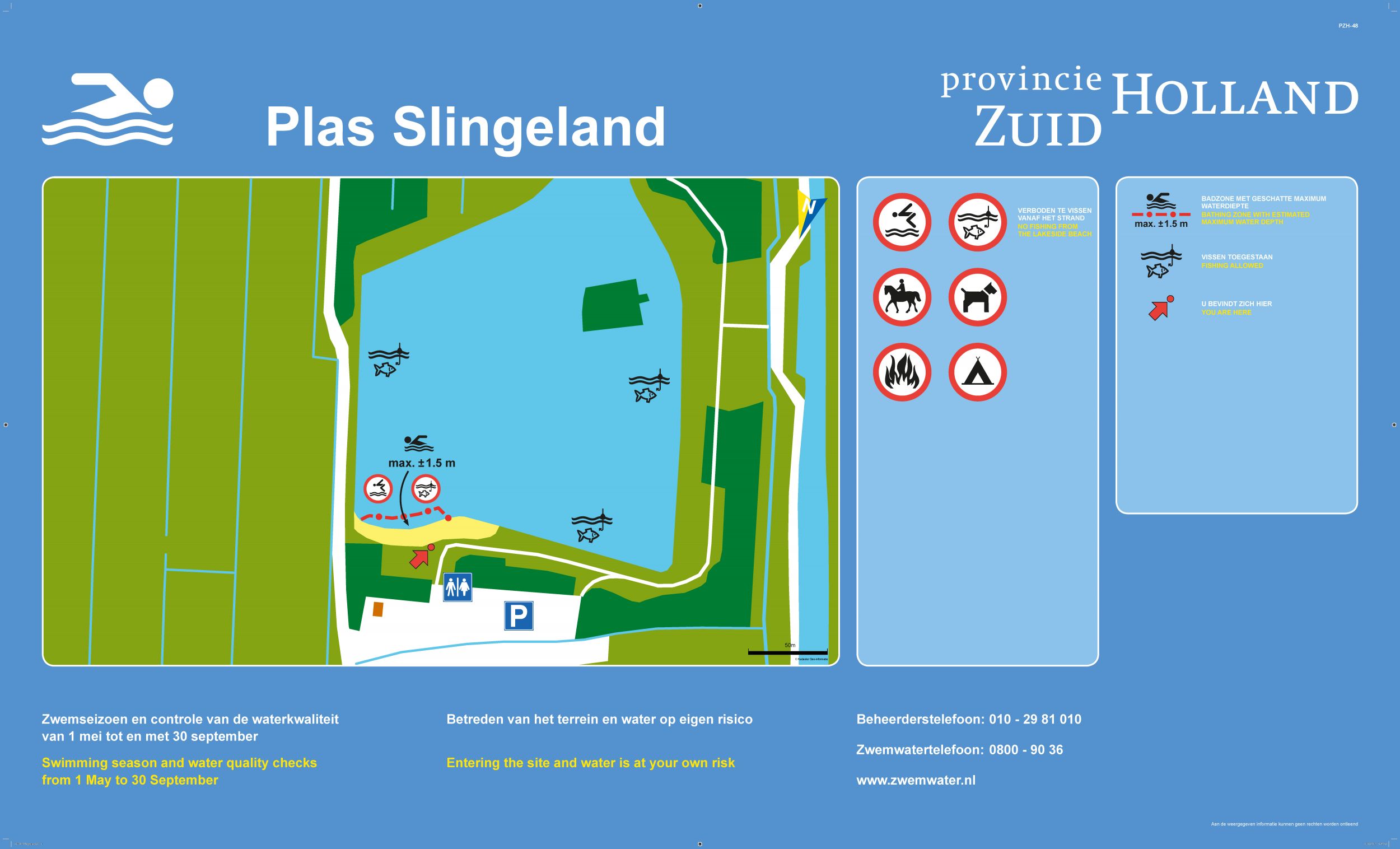The information board at the swimming location Plas Slingeland