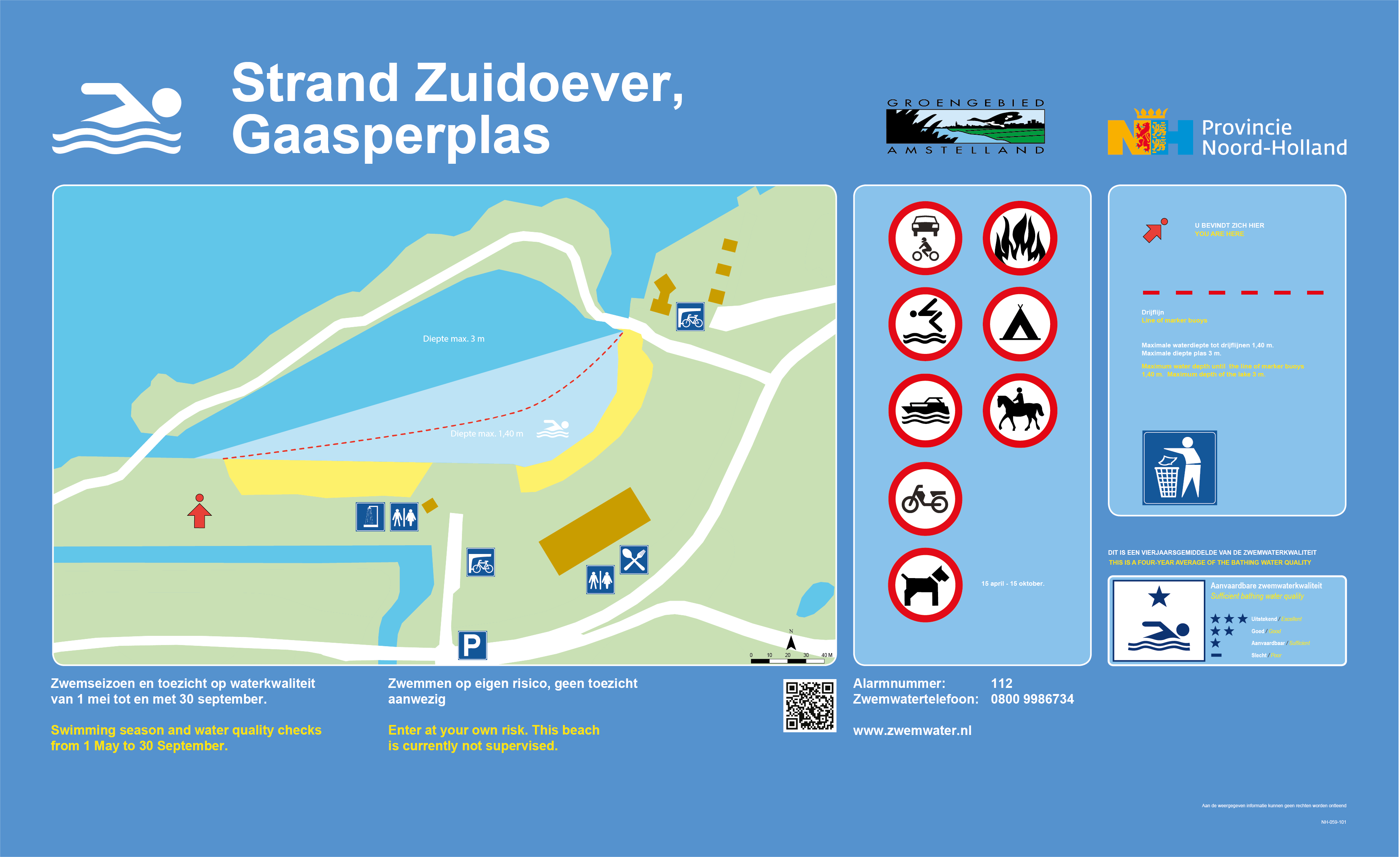 The information board at the swimming location Strand Zuidoever, Gaasperplas