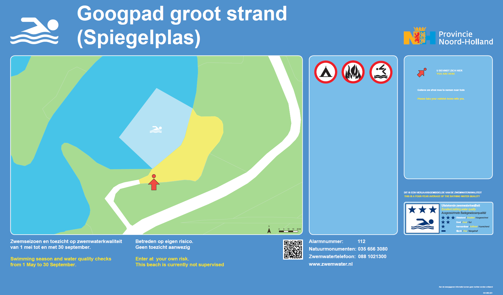 The information board at the swimming location Googpad Grootstrand (Spiegelplas)