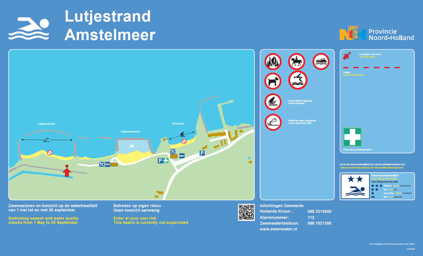 The information board at the swimming location Lutjestrand, Amstelmeer