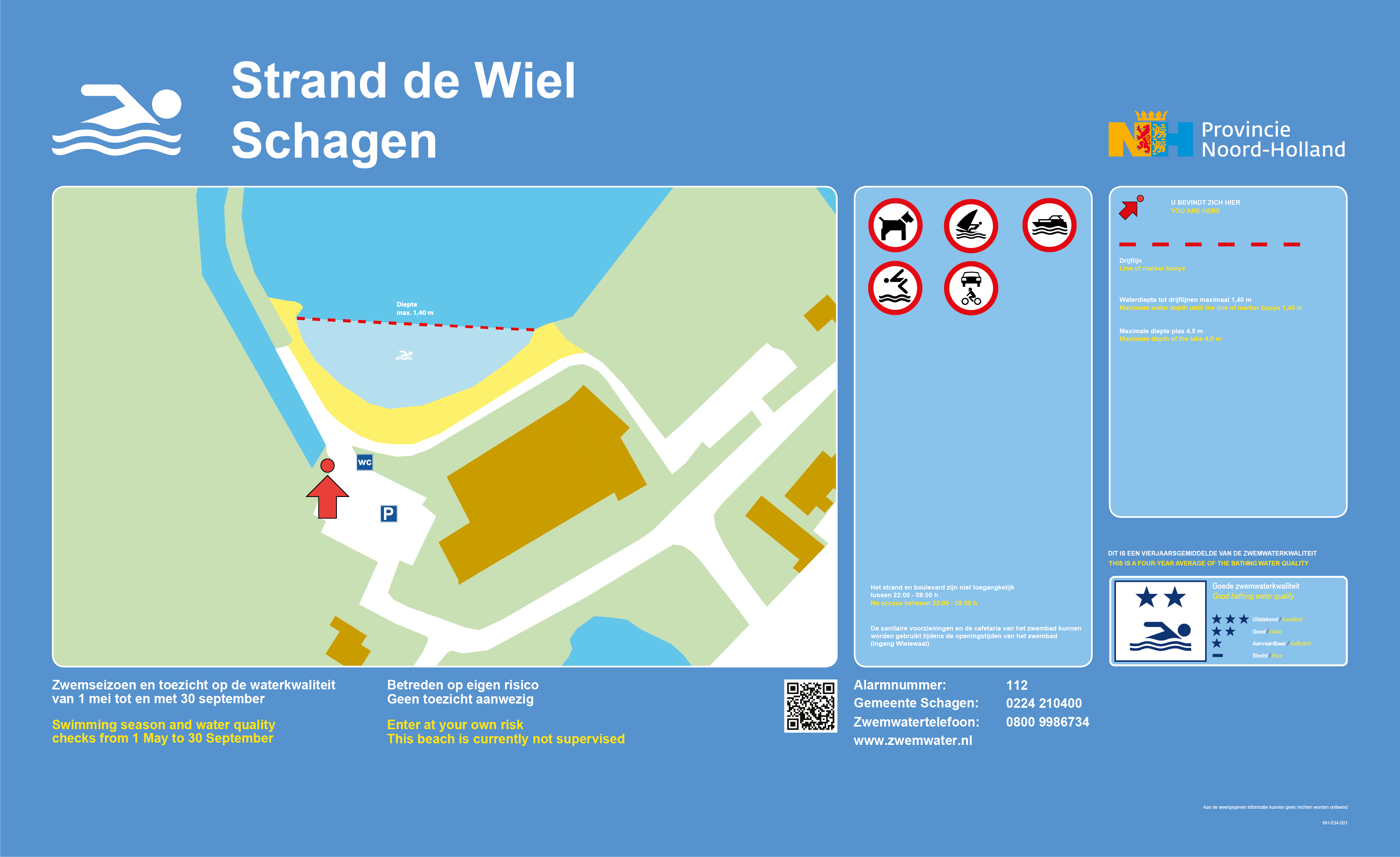 Het informatiebord bij zwemlocatie Strand De Wiel, Schagen