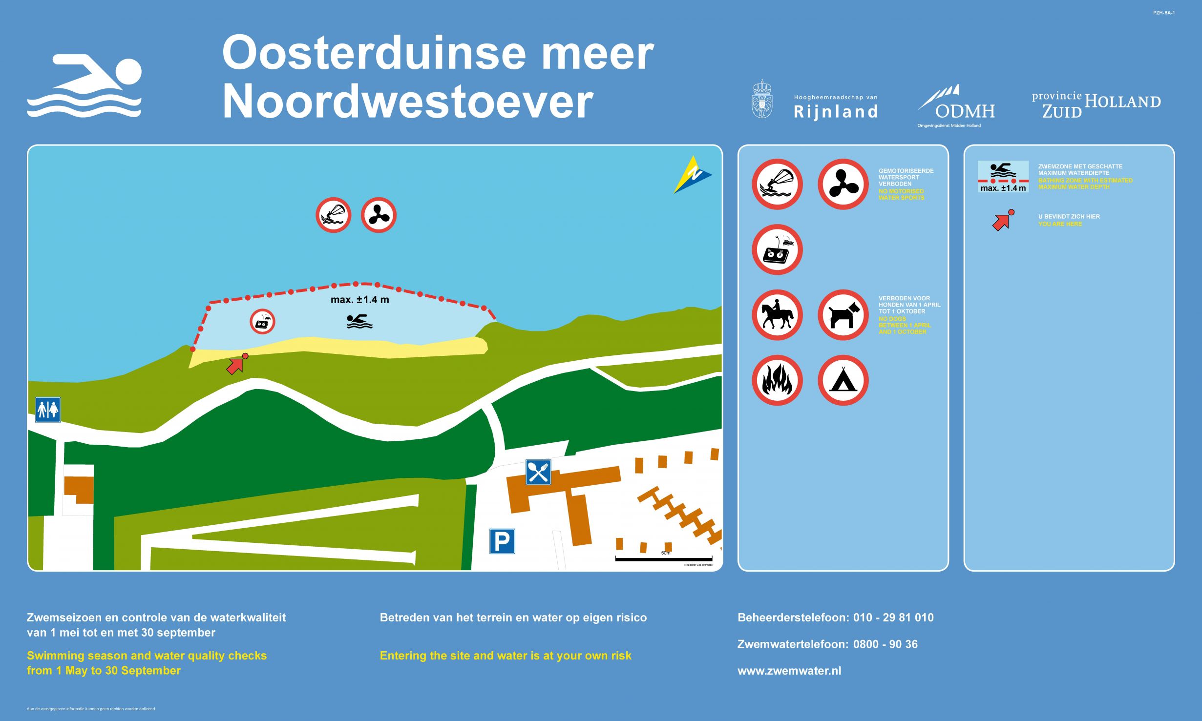 Het informatiebord bij zwemlocatie Oosterduinse meer Noordwestoever
