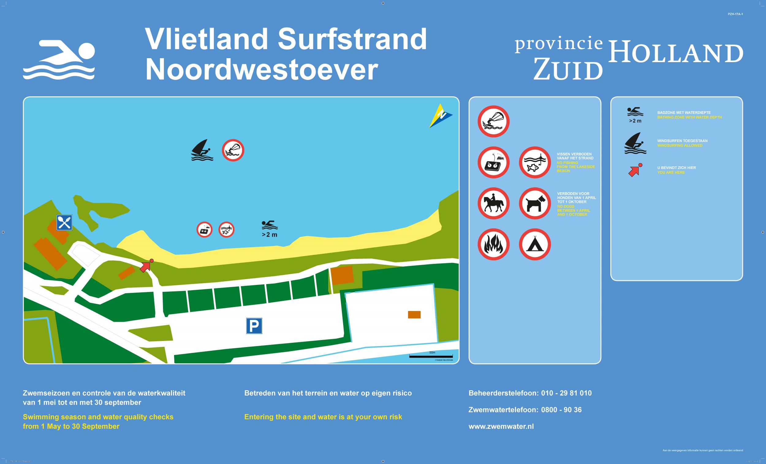 Het informatiebord bij zwemlocatie Vlietland Surfstrand Noordwestoever