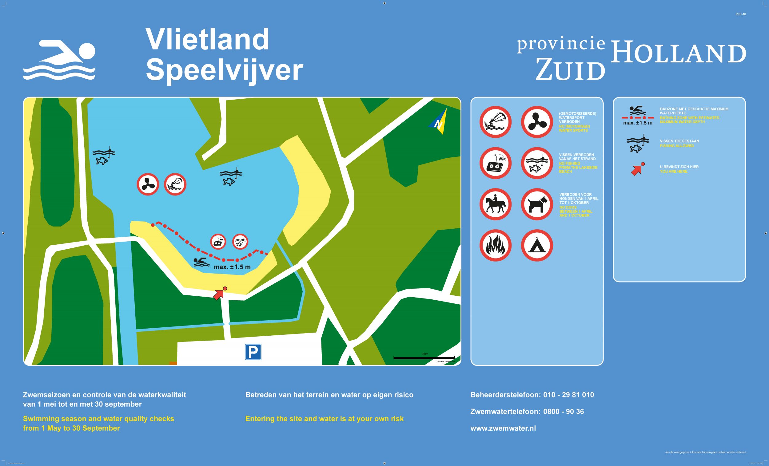Het informatiebord bij zwemlocatie Vlietland Speelvijver