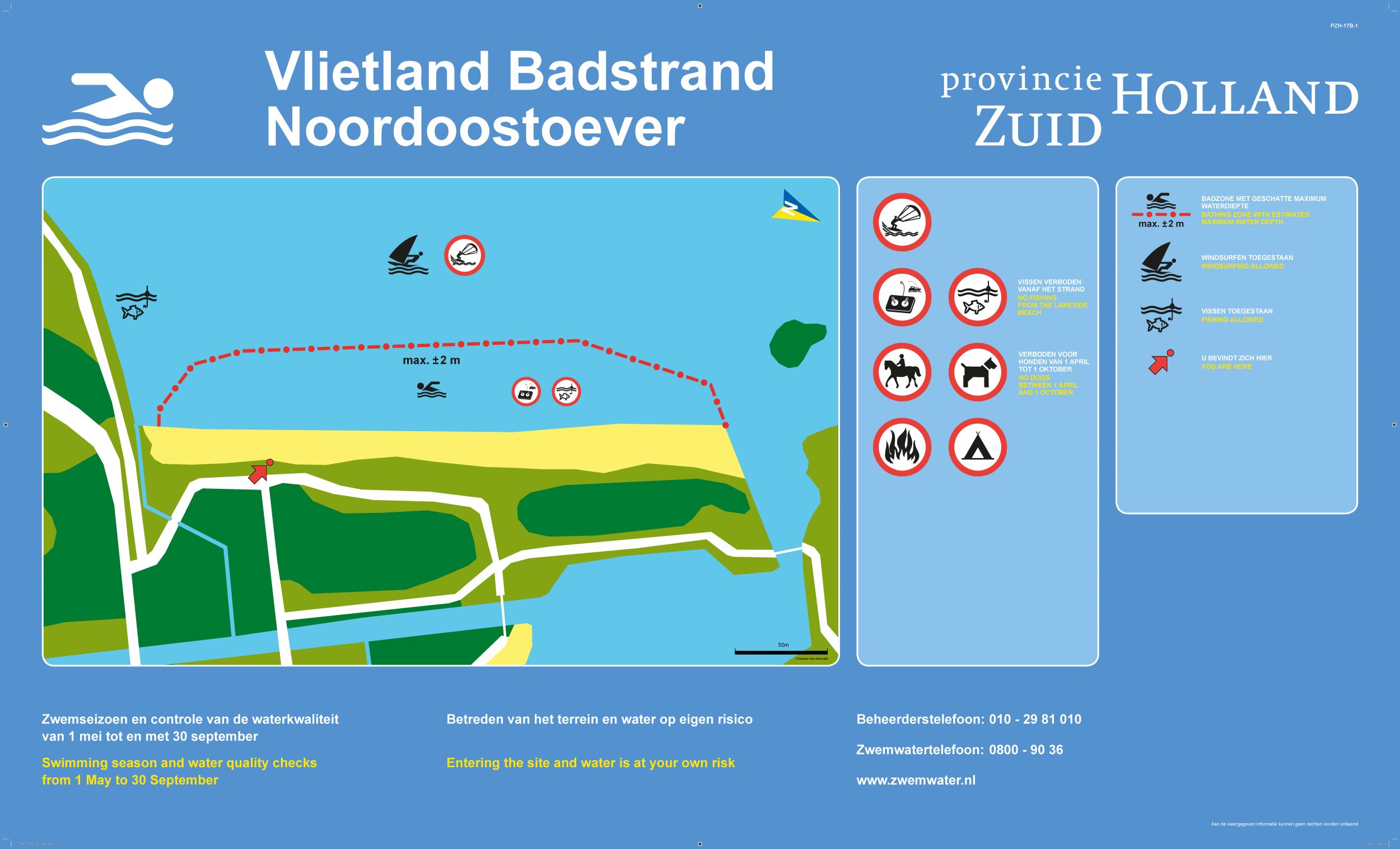 Het informatiebord bij zwemlocatie Vlietland Badstrand Noordoostoever