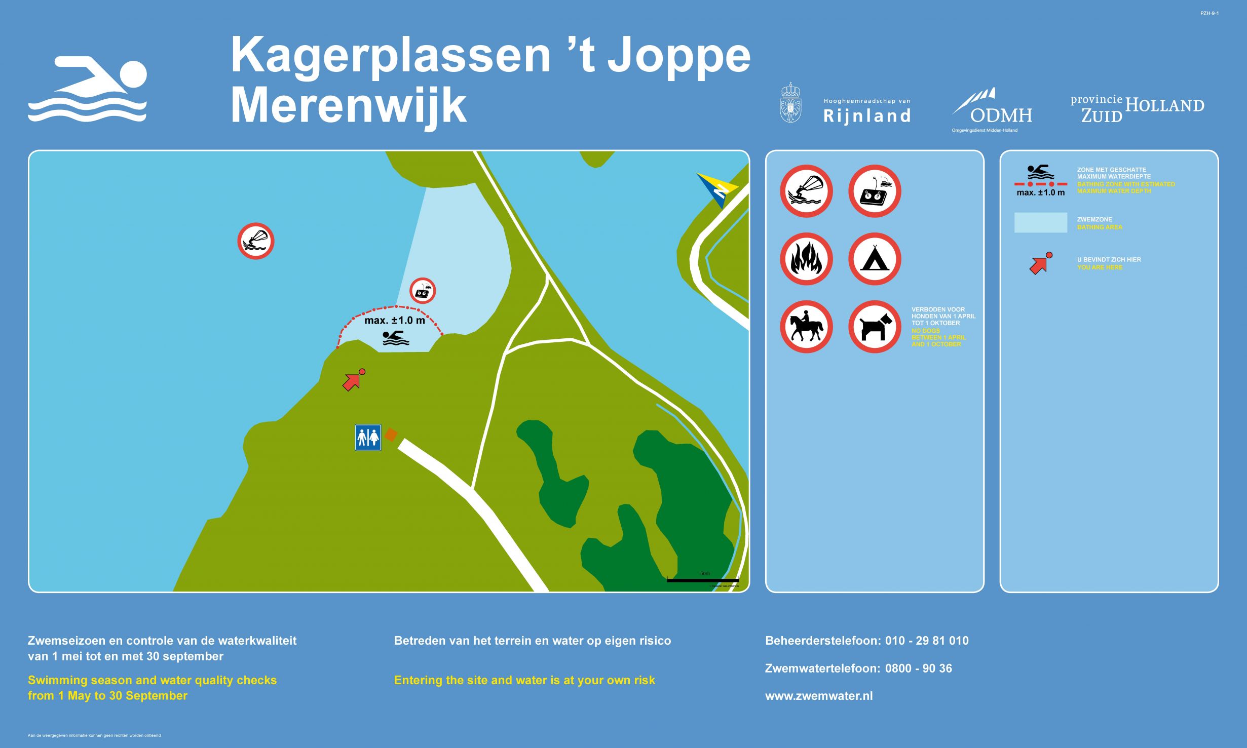 Het informatiebord bij zwemlocatie Kagerplassen 't Joppe Merenwijk