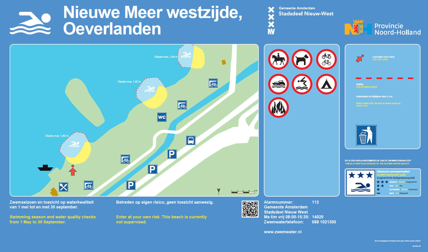The information board at the swimming location Nieuwe Meer Westzijde, Oeverlanden