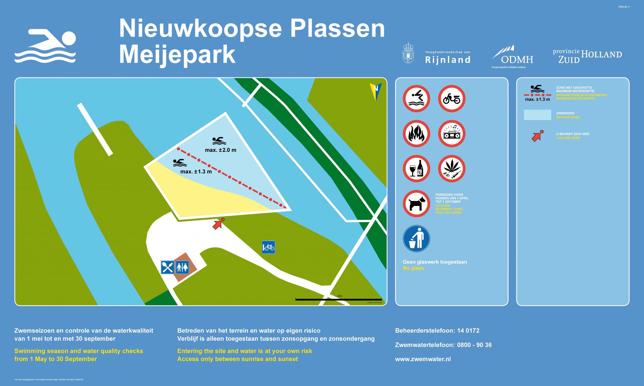 Het informatiebord bij zwemlocatie Nieuwkoopse Plassen Meijepark