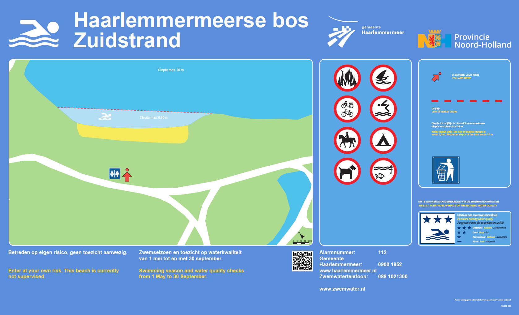 The information board at the swimming location Haarlemmermeerse Bos Zuidstrand