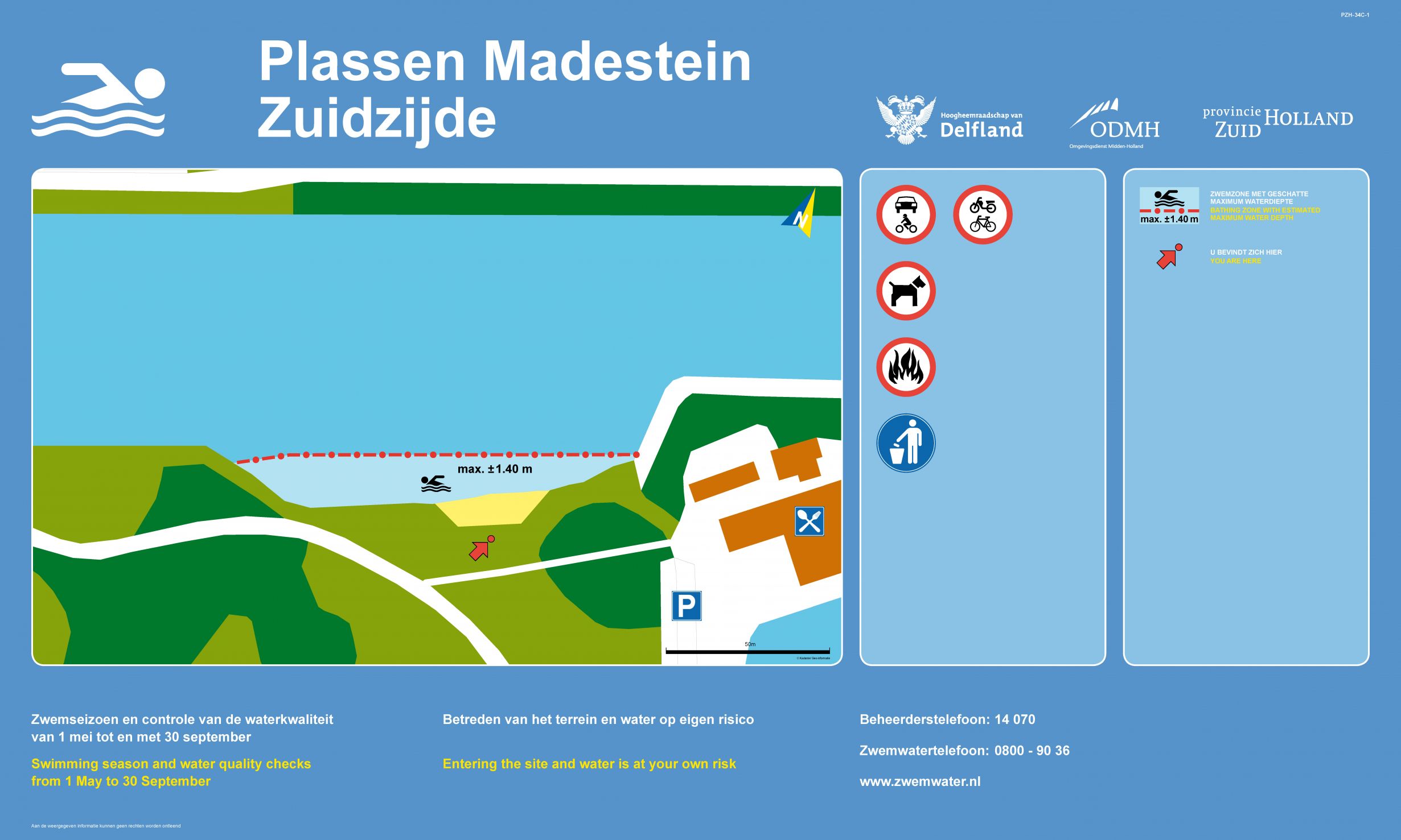 Het informatiebord bij zwemlocatie Plassen Madestein, Zuidzijde