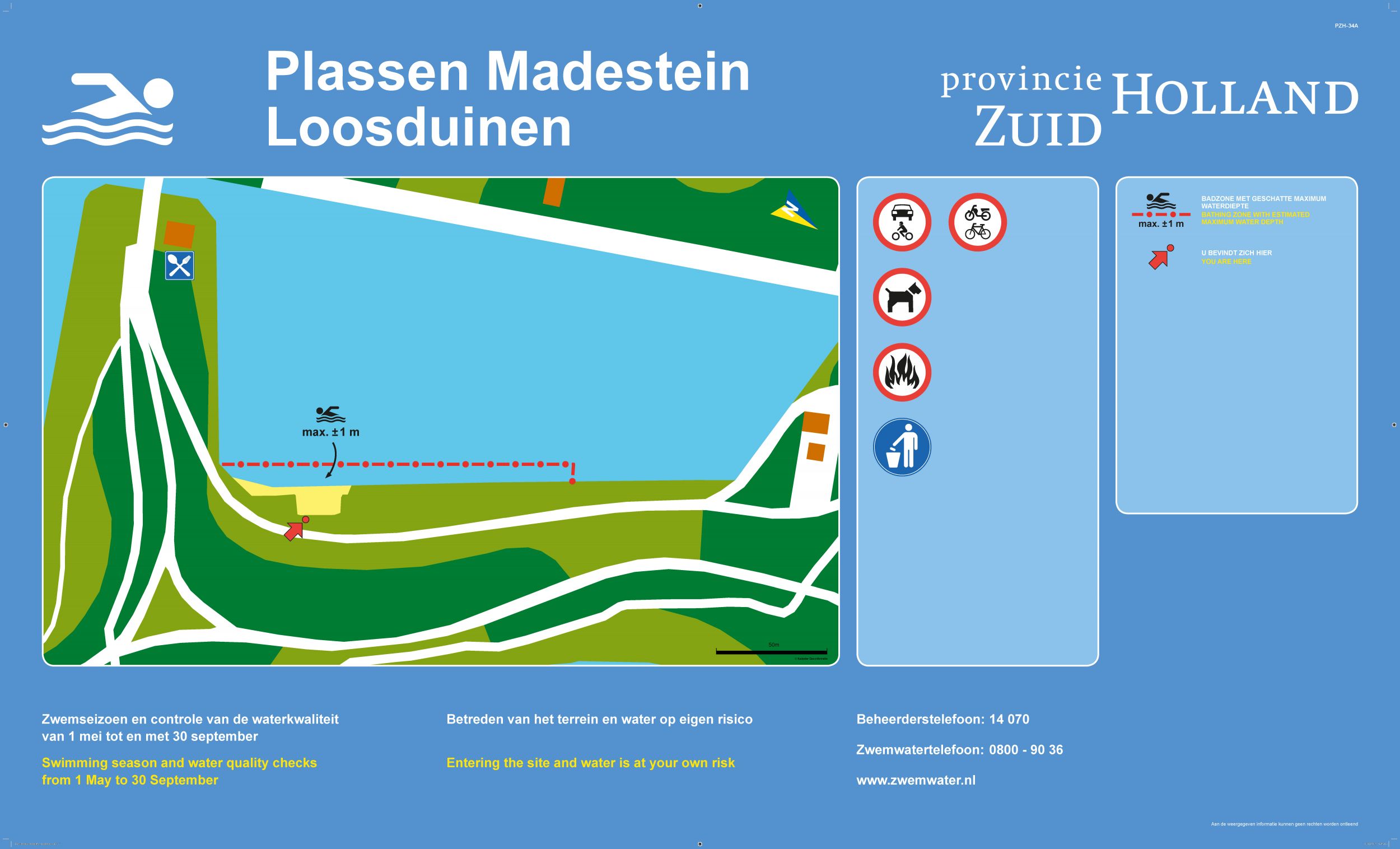 Het informatiebord bij zwemlocatie Plassen Madestein, Loosduinen