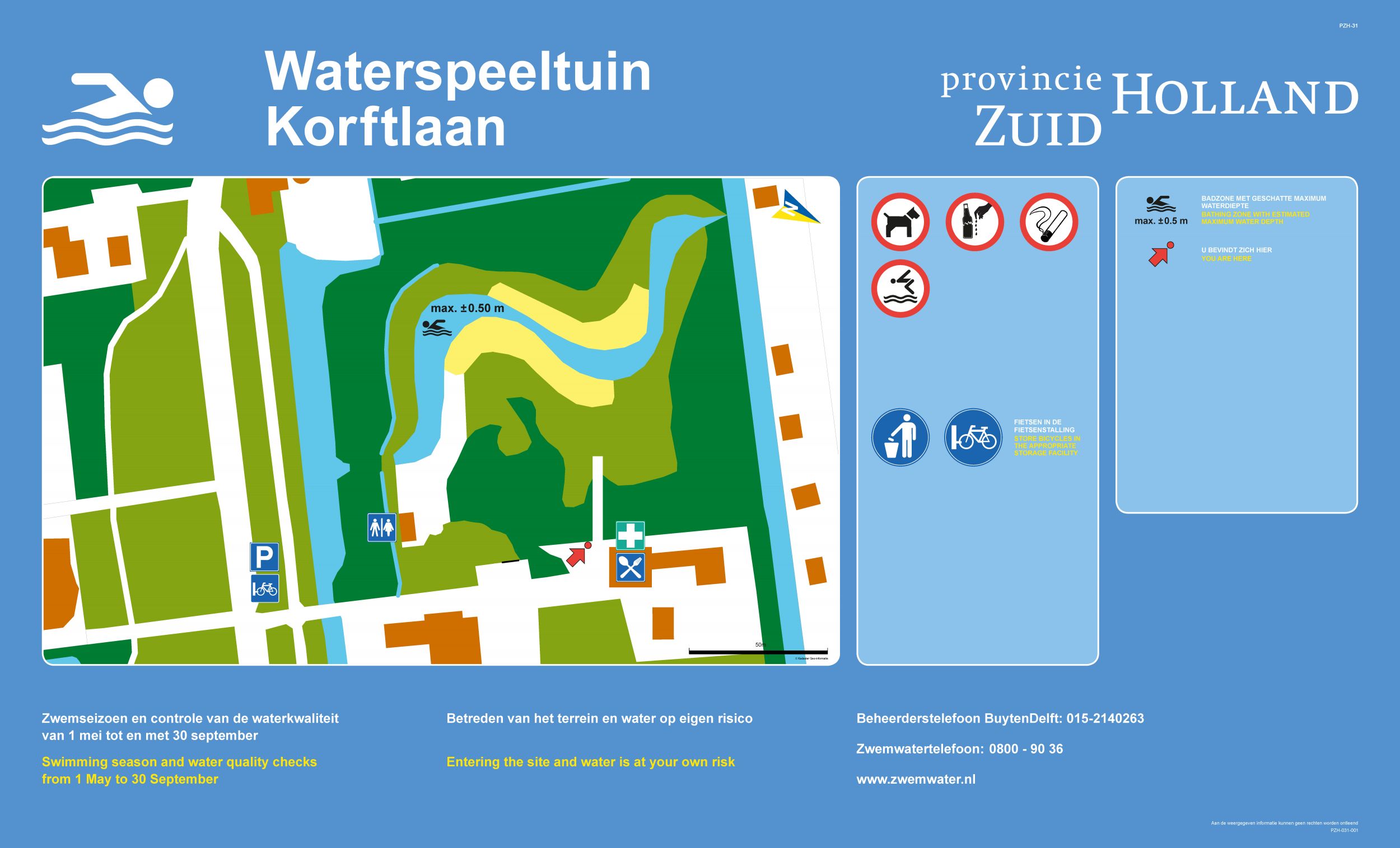 Het informatiebord bij zwemlocatie Waterspeeltuin Korftlaan