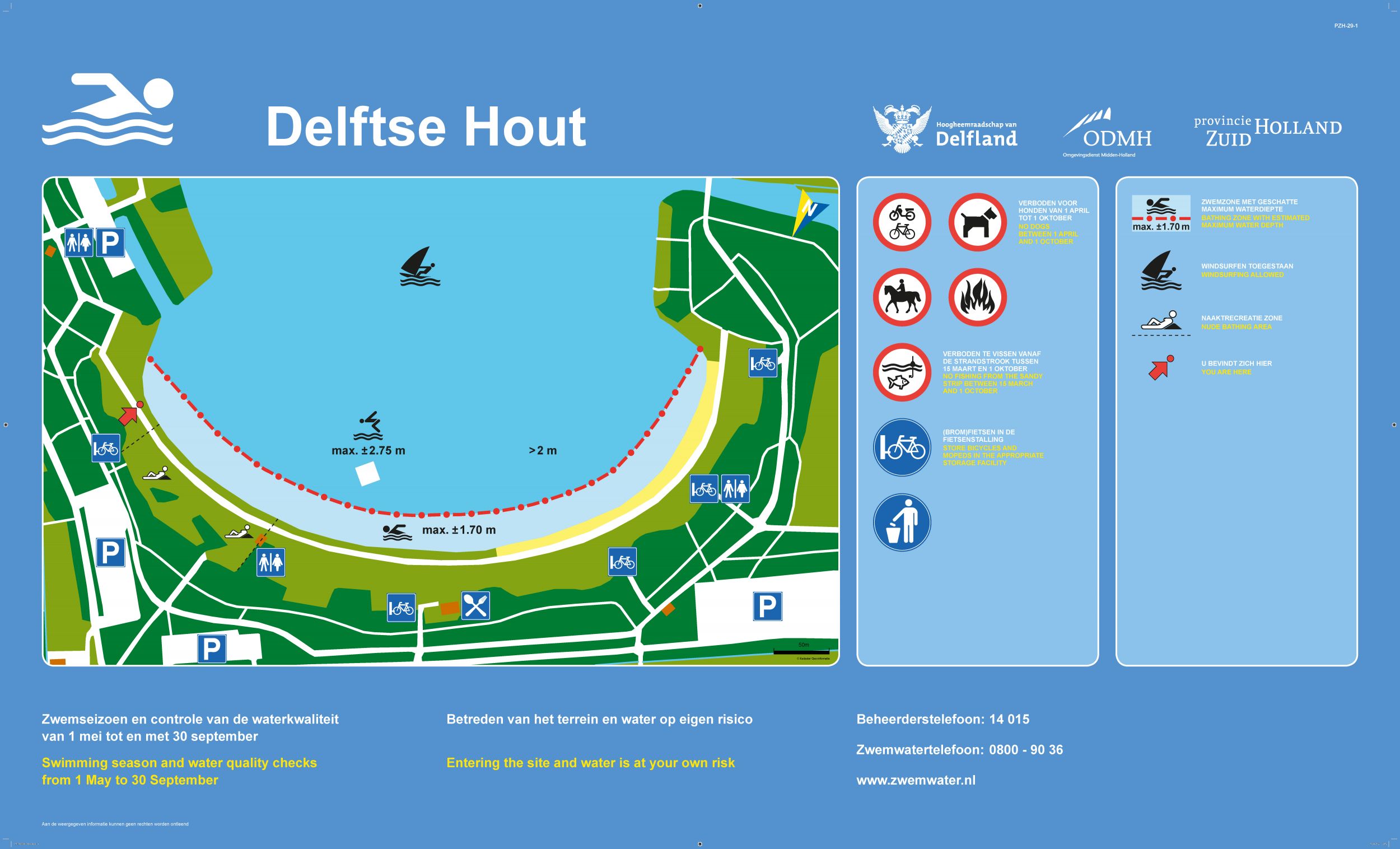 Het informatiebord bij zwemlocatie Delftse Hout