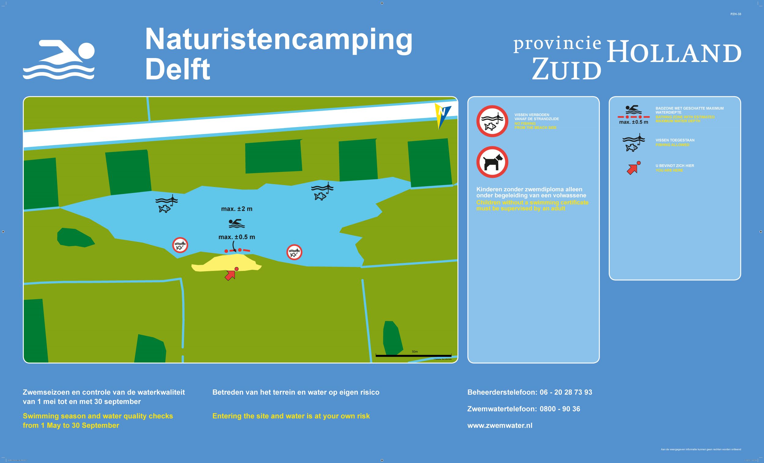 Het informatiebord bij zwemlocatie Naturistencamping Delft
