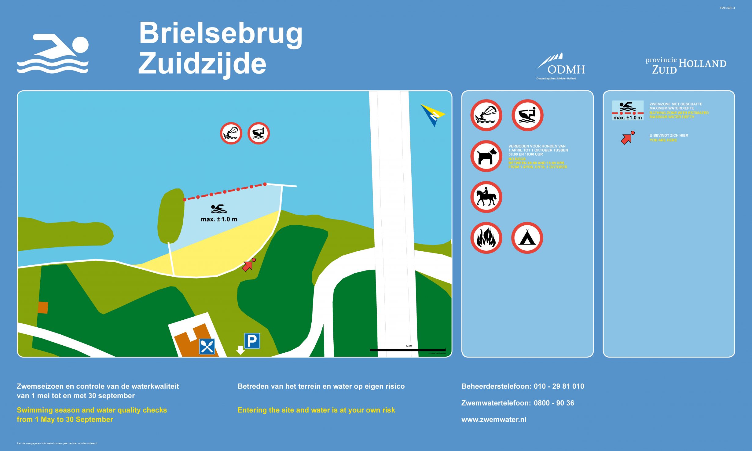 Het informatiebord bij zwemlocatie Brielse Meer Brielsebrug Zuidzijde