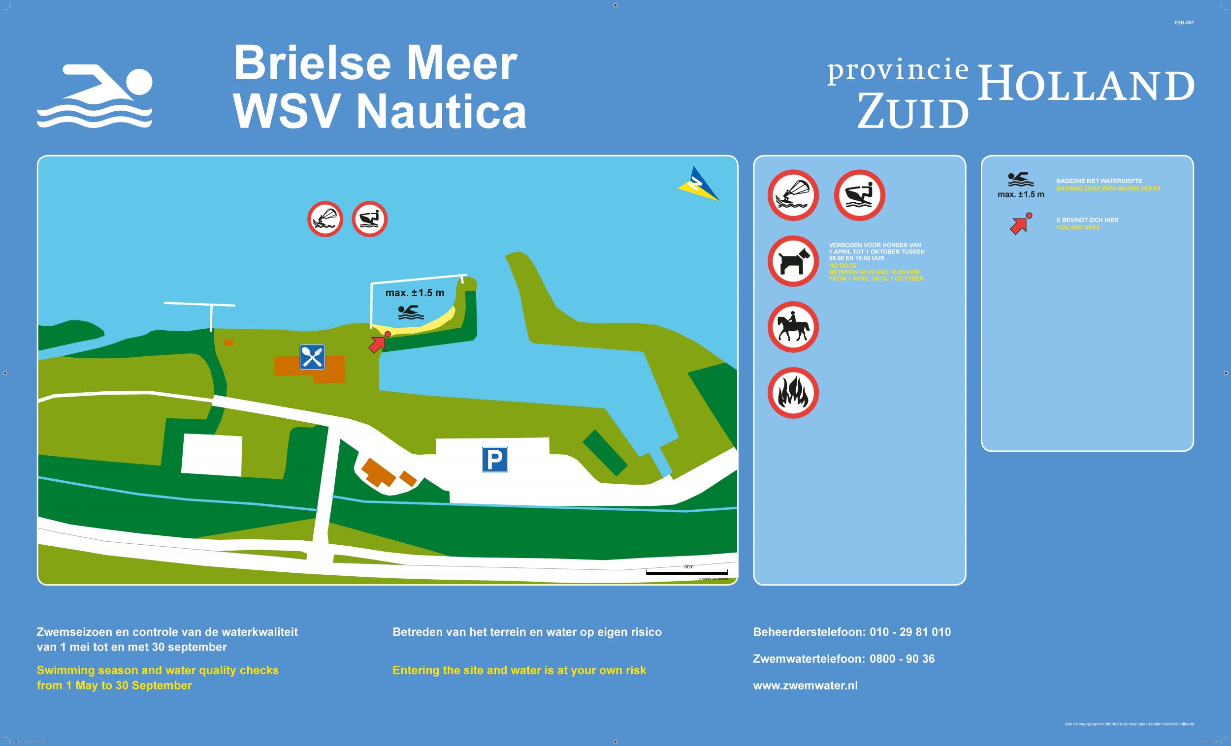 Het informatiebord bij zwemlocatie Brielse Meer WSV Nautica