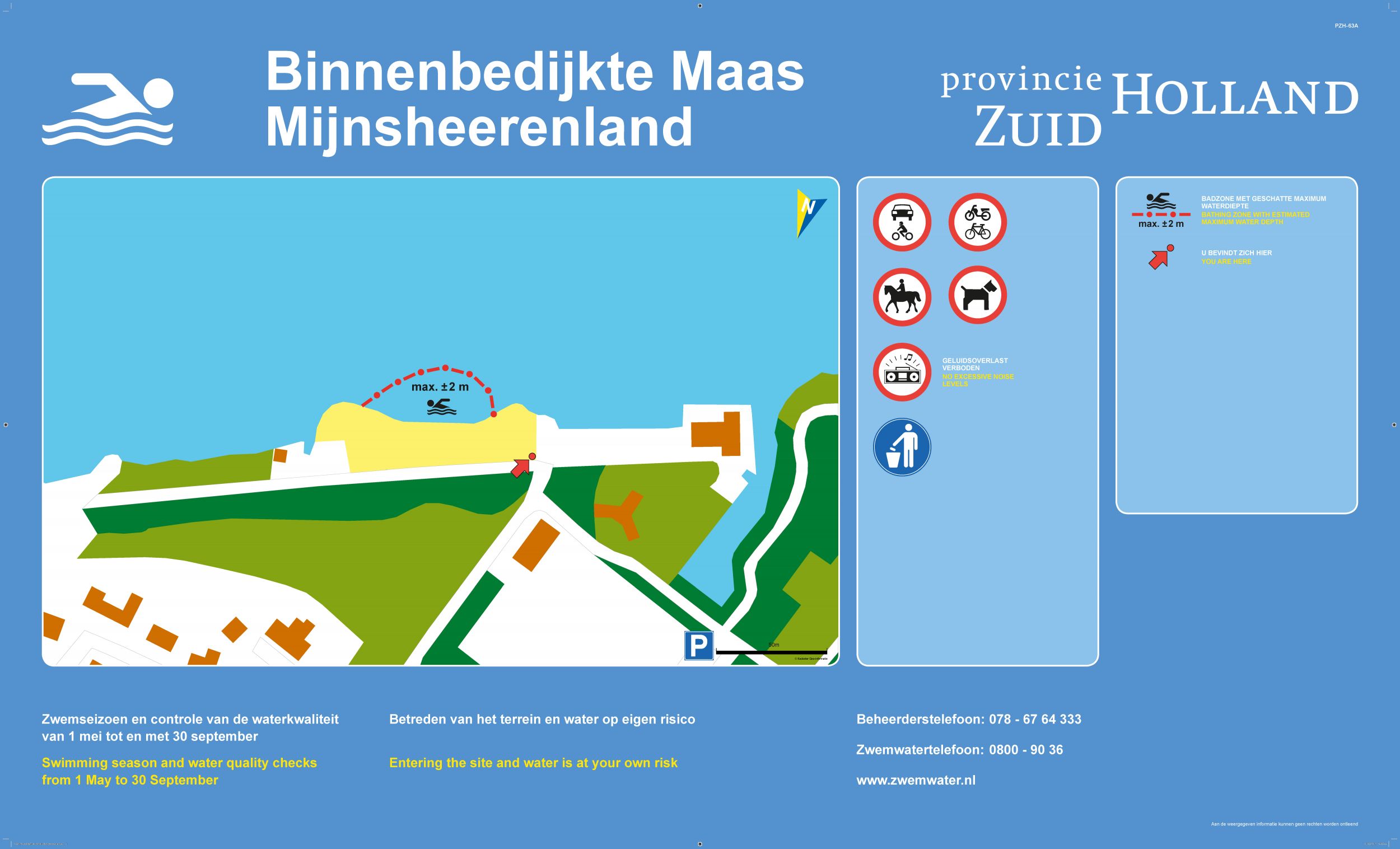 The information board at the swimming location Binnenbedijkte Maas, Mijnsheerenland