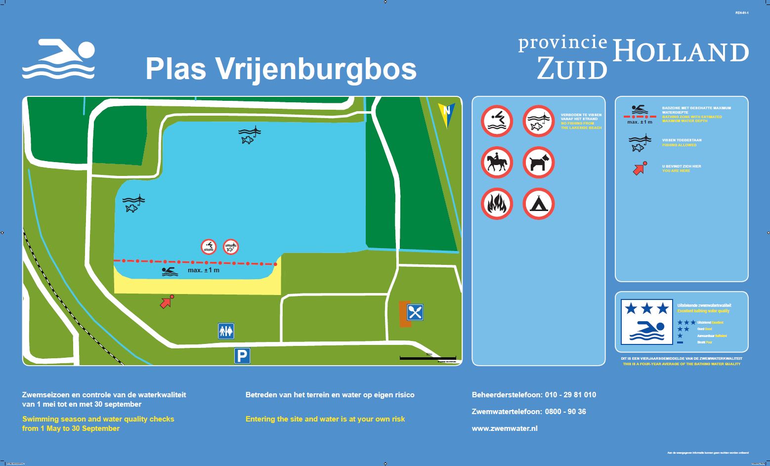 Het informatiebord bij zwemlocatie Plas Vrijenburgbos