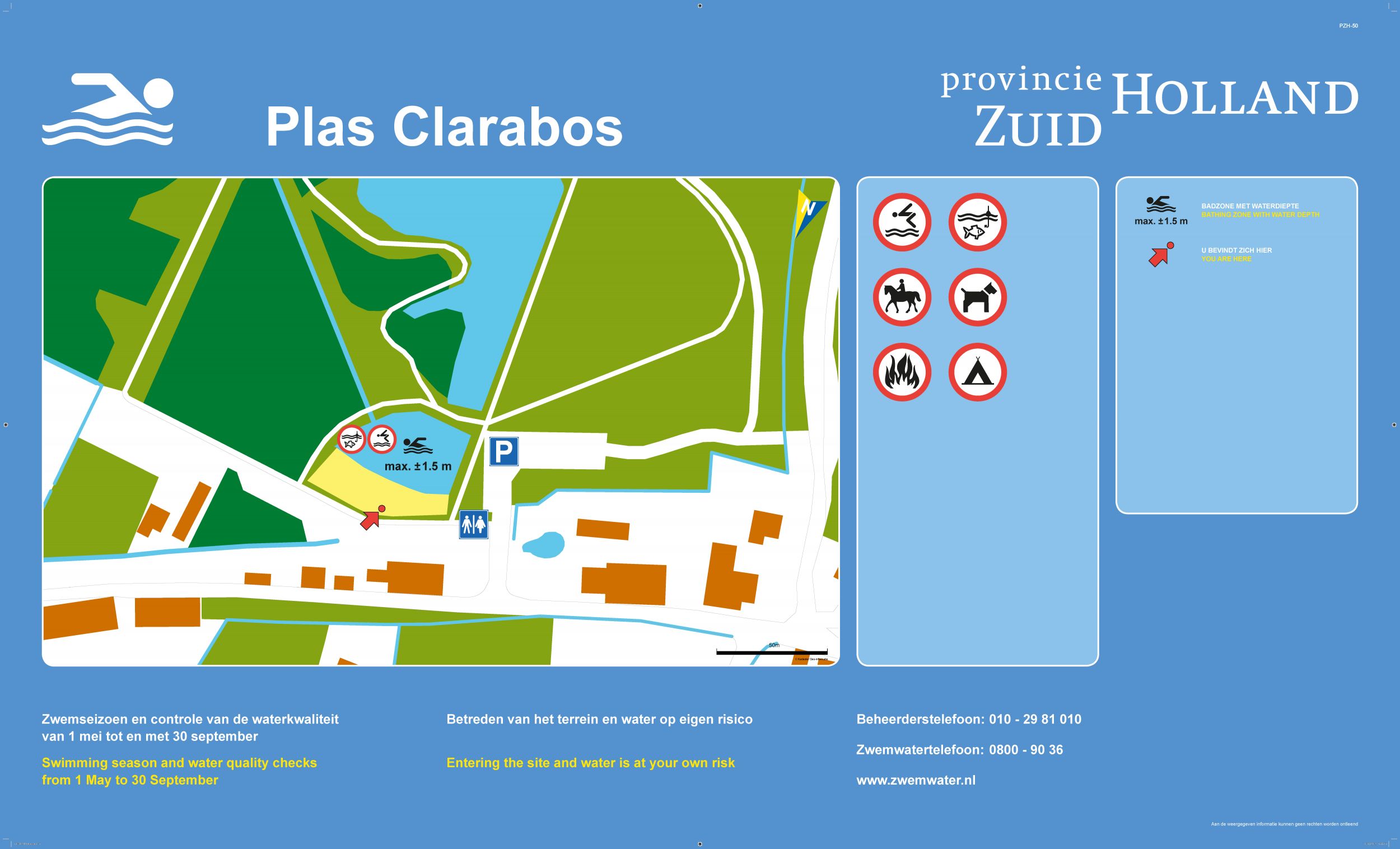 Het informatiebord bij zwemlocatie Plas Clarabos
