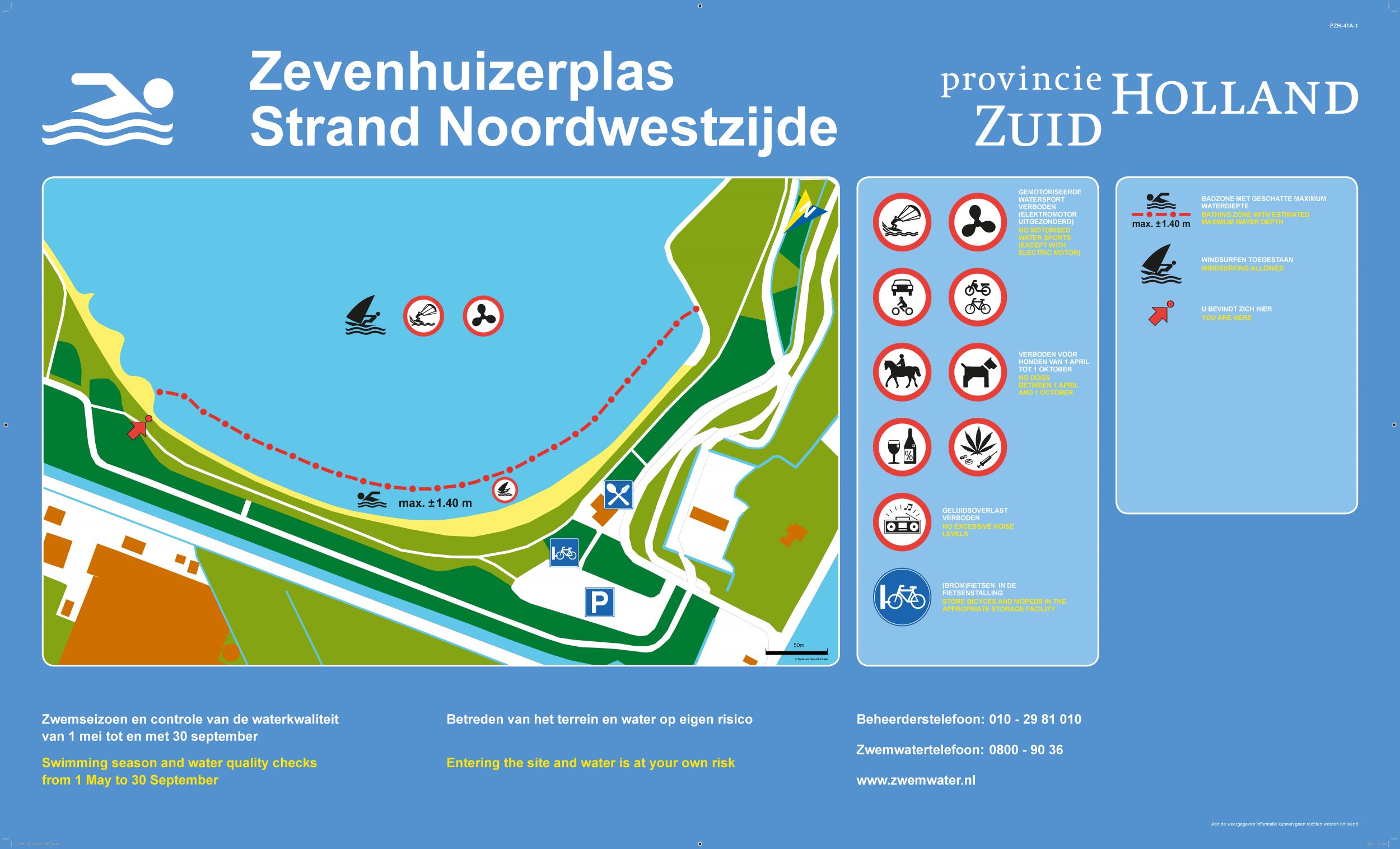 Het informatiebord bij zwemlocatie Zevenhuizerplas Strand Noordwestzijde