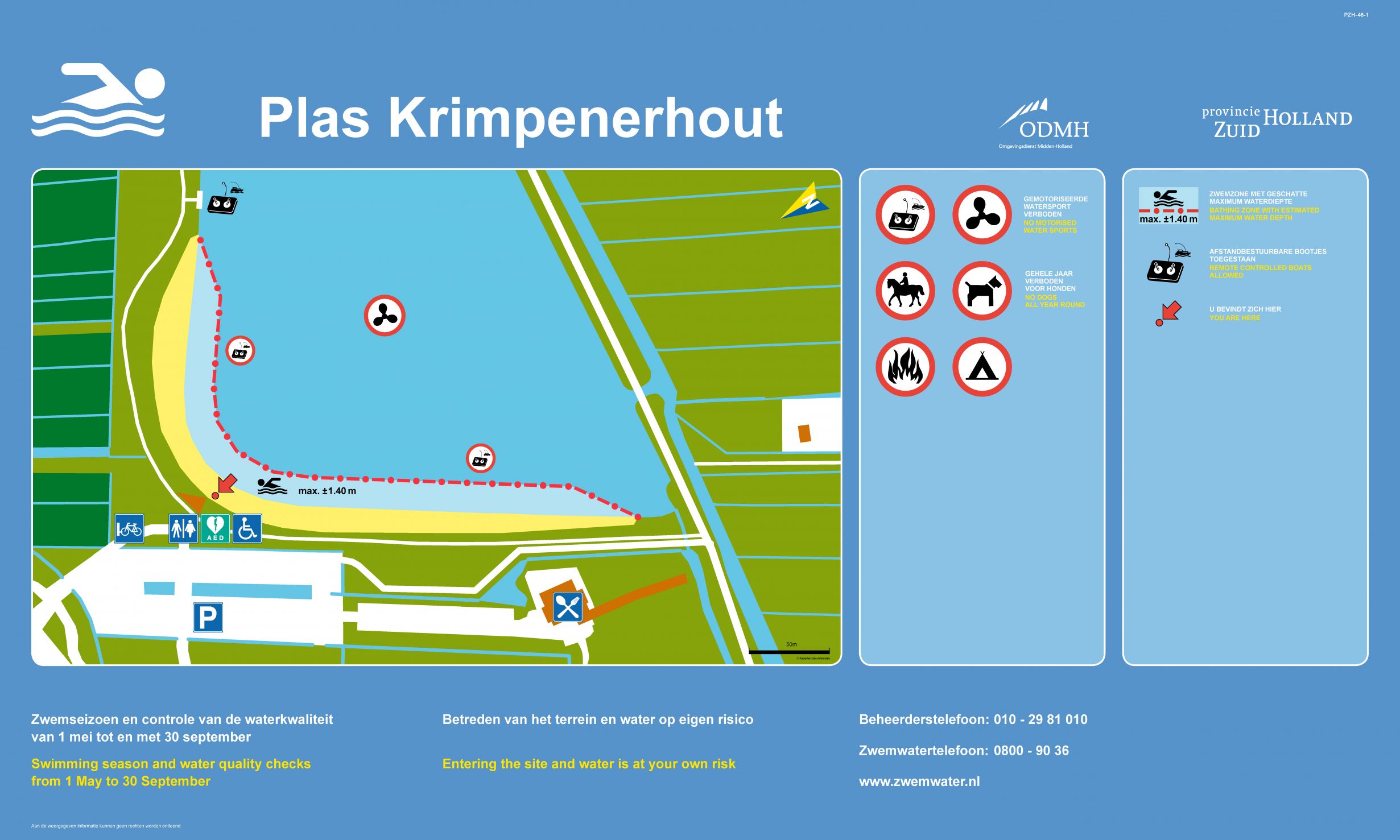 Het informatiebord bij zwemlocatie Plas Krimpenerhout