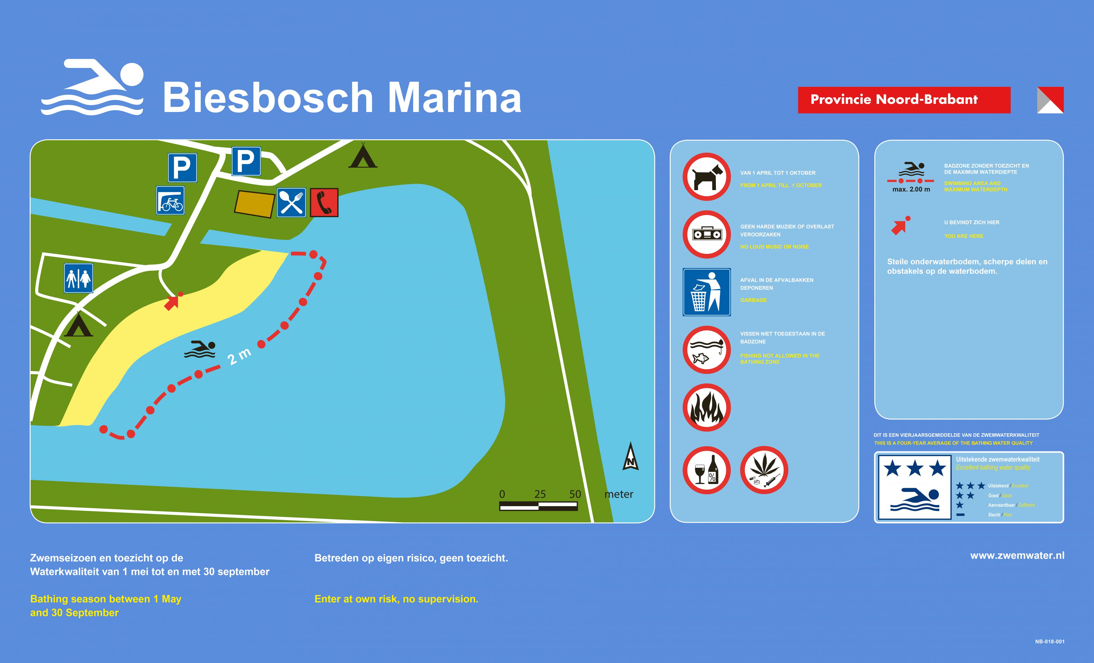 Het informatiebord bij zwemlocatie Biesbosch Marina, Badzone Strand