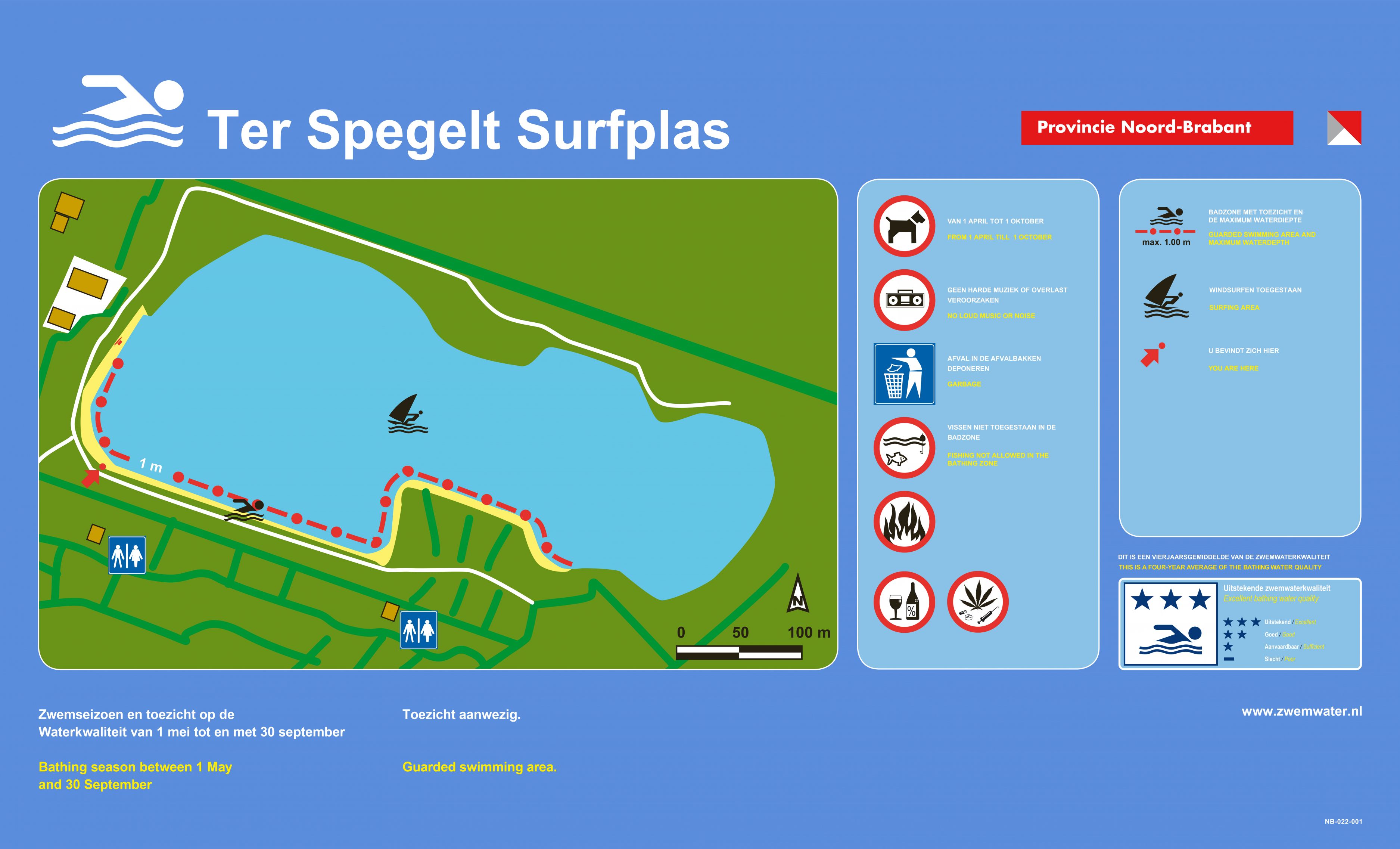 The information board at the swimming location Ter Spegelt Surfplas