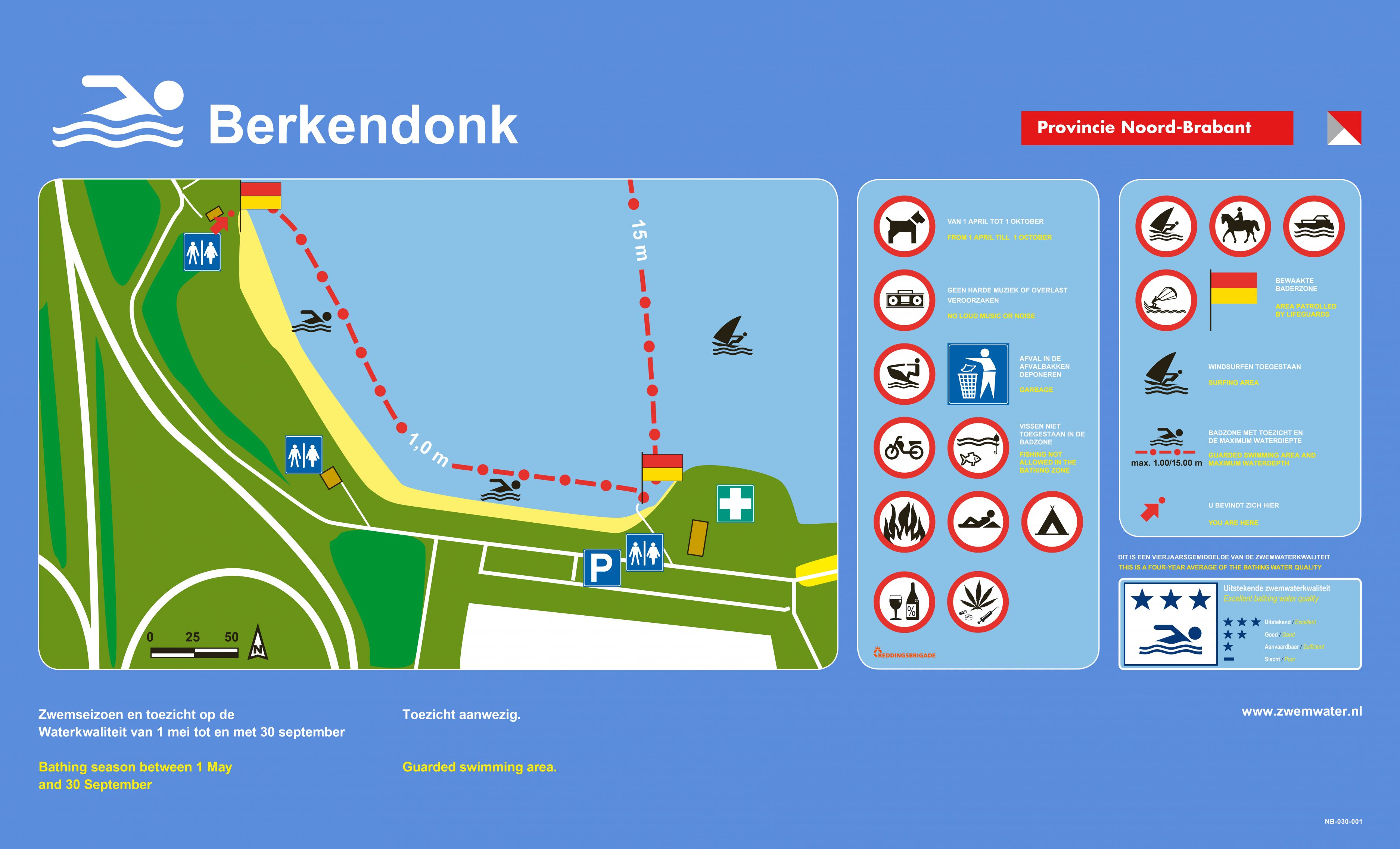 The information board at the swimming location Berkendonk, Helmond, Zwemzone 120m West van Strandwachthuis