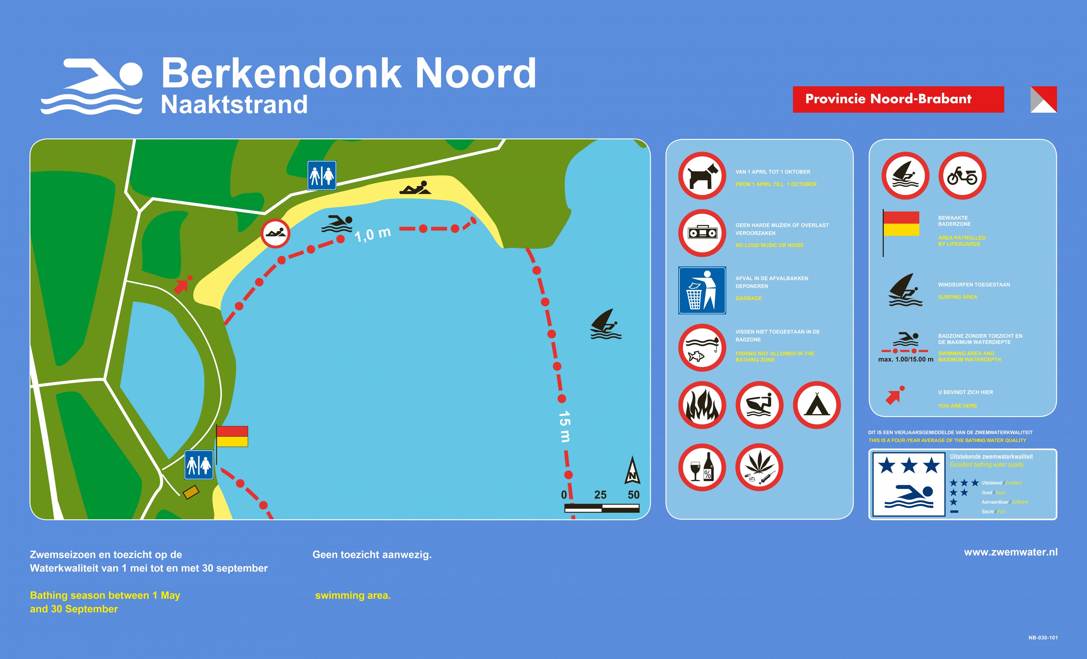 Het informatiebord bij zwemlocatie Berkendonk Helmond, aan oostzijde Noordstrand