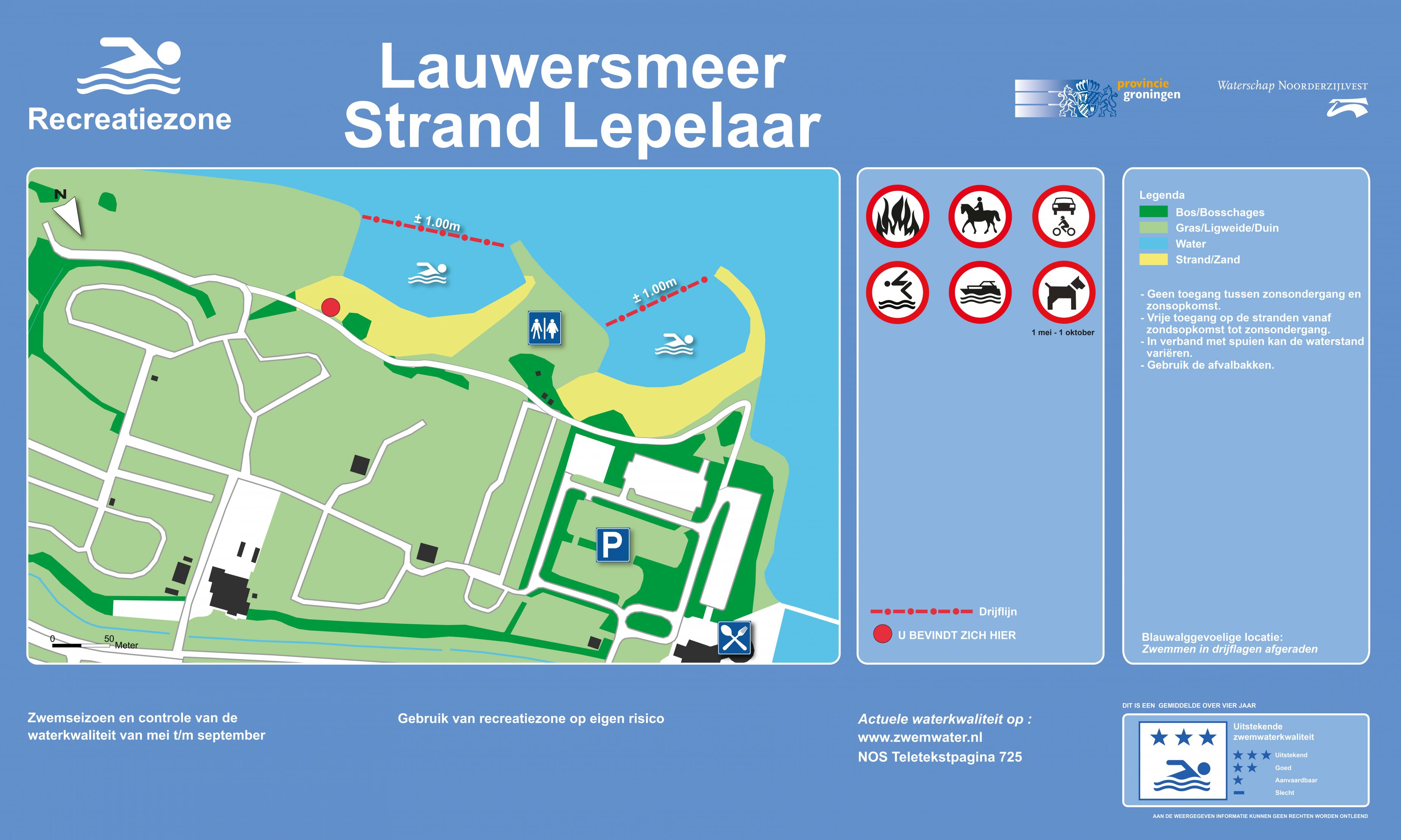 Het informatiebord bij zwemlocatie Lauwersmeer, strand lepelaar