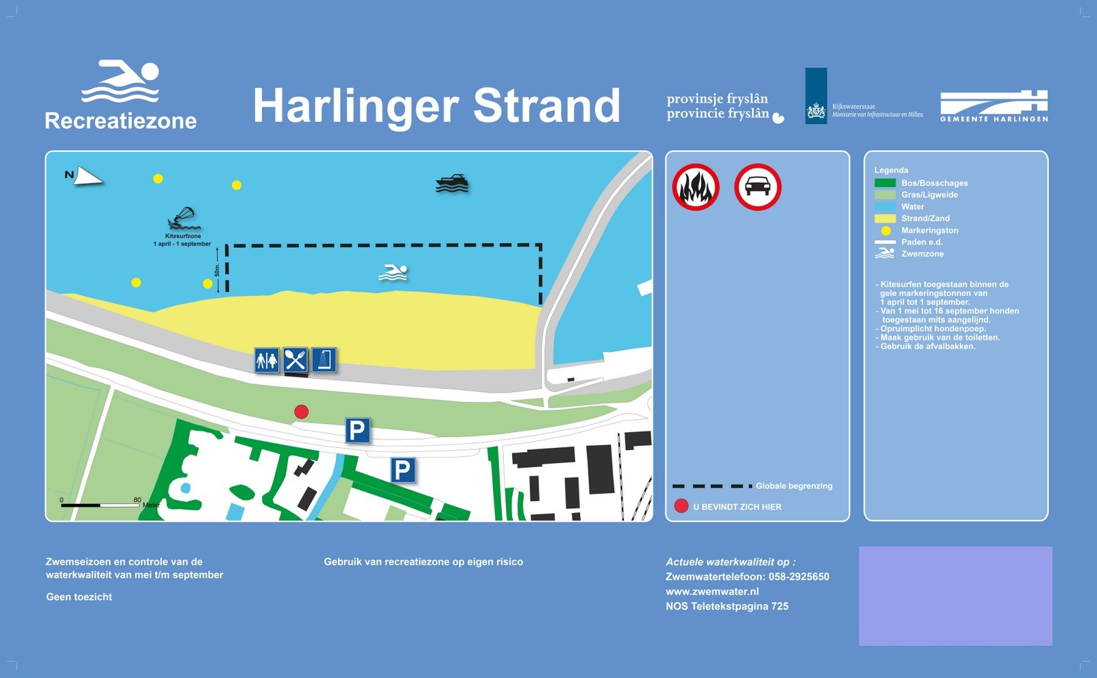 Het informatiebord bij zwemlocatie Harlingerstrand