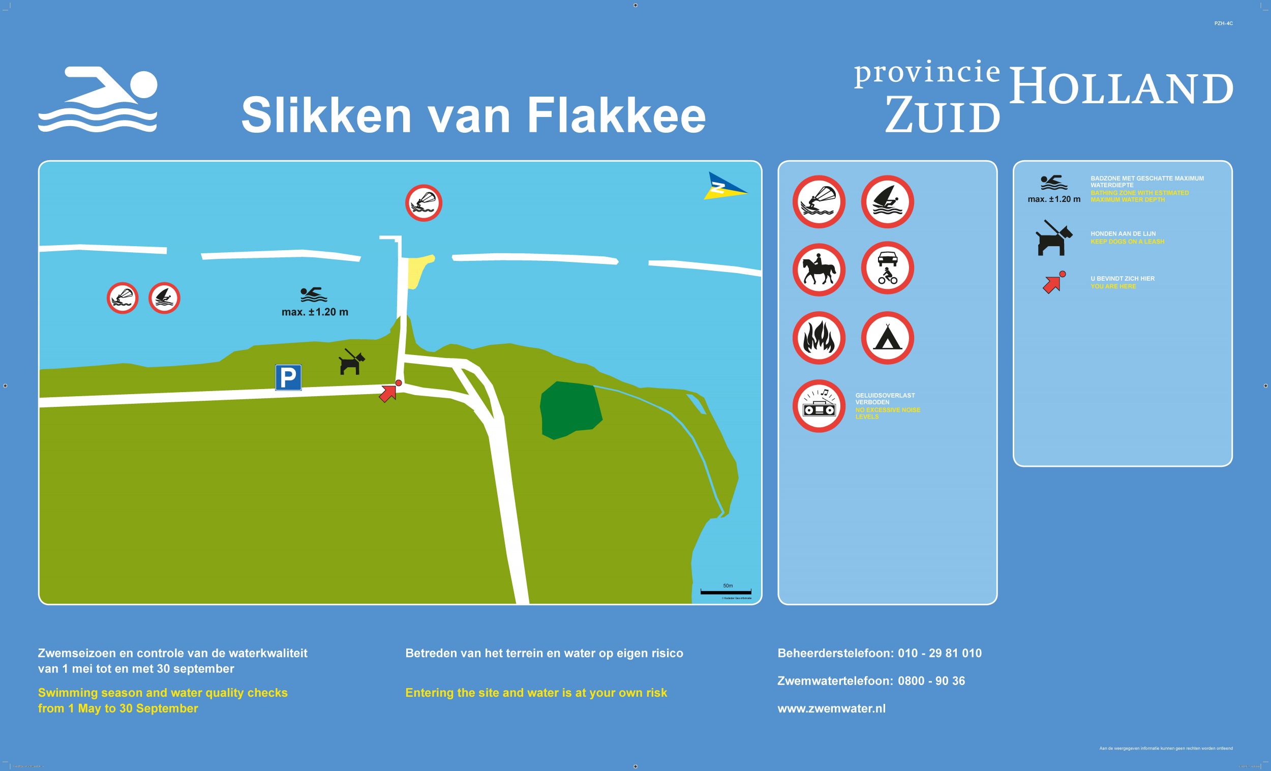 Het informatiebord bij zwemlocatie Slikken Van Flakkee