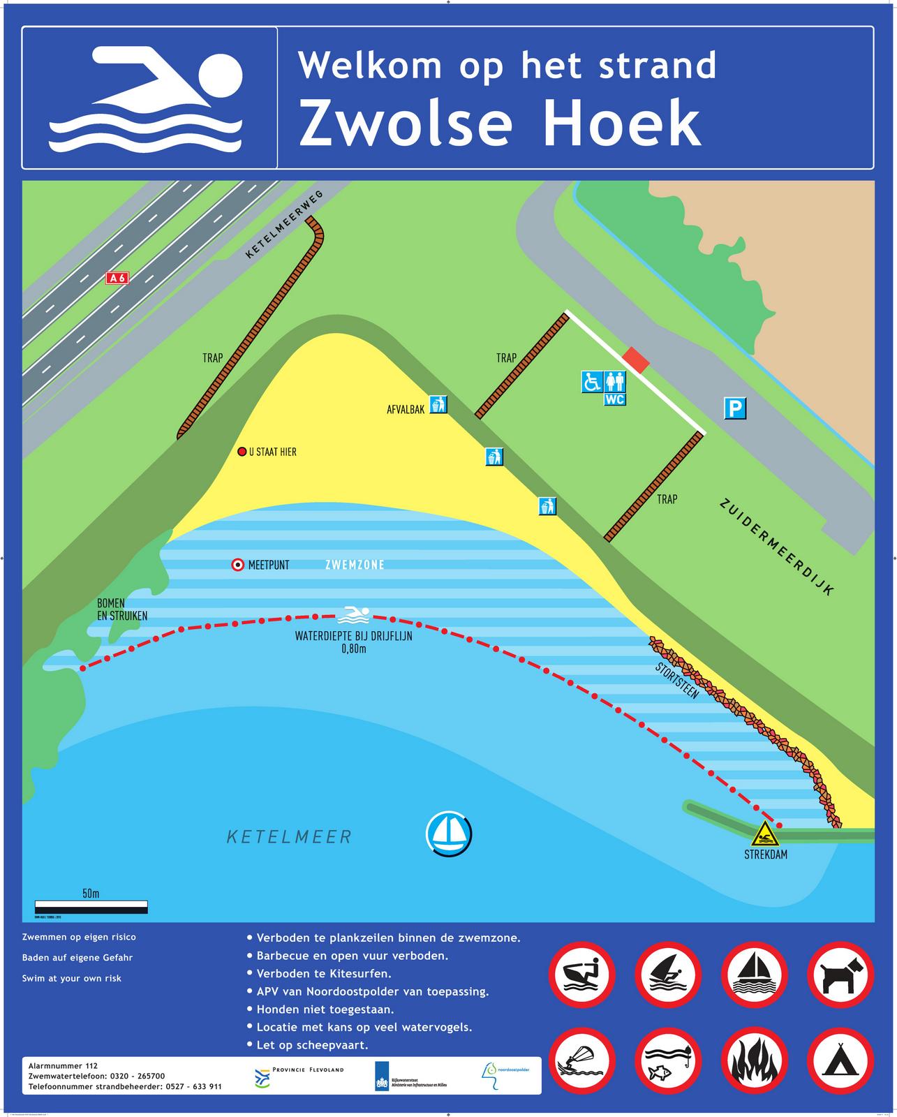 Het informatiebord bij zwemlocatie Strand Zwolse Hoek