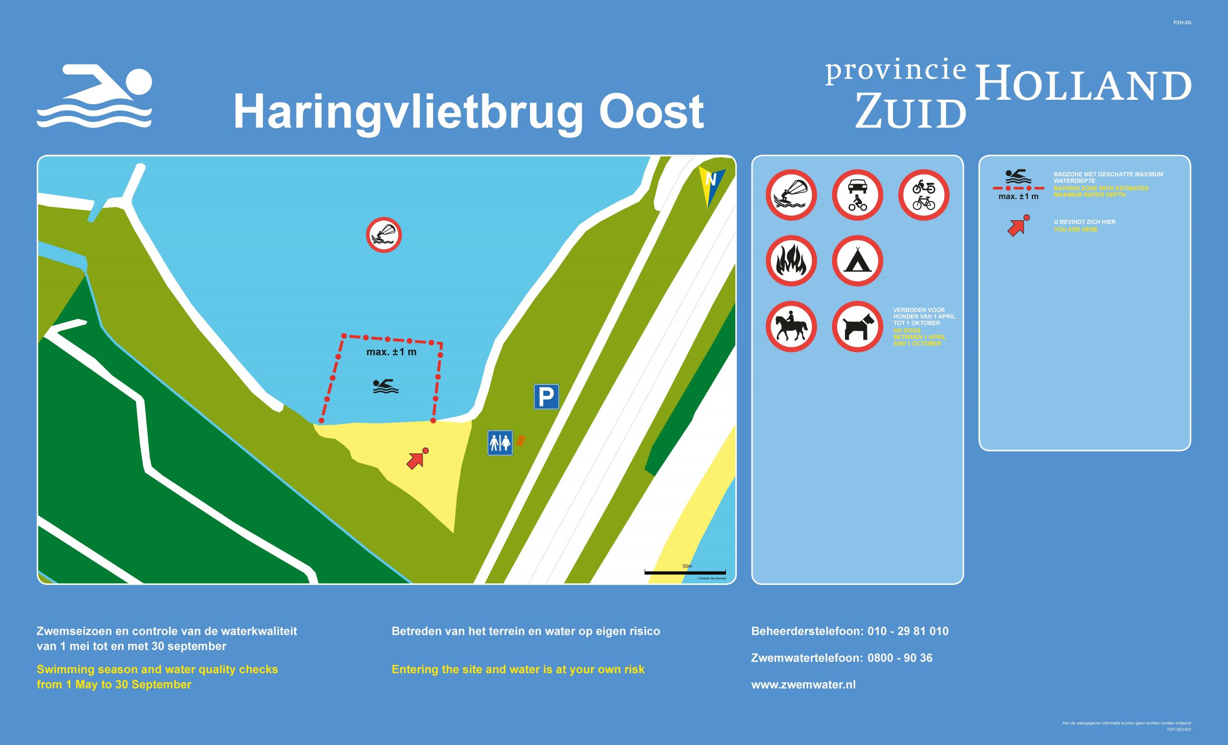 Het informatiebord bij zwemlocatie Haringvlietbrug Oost