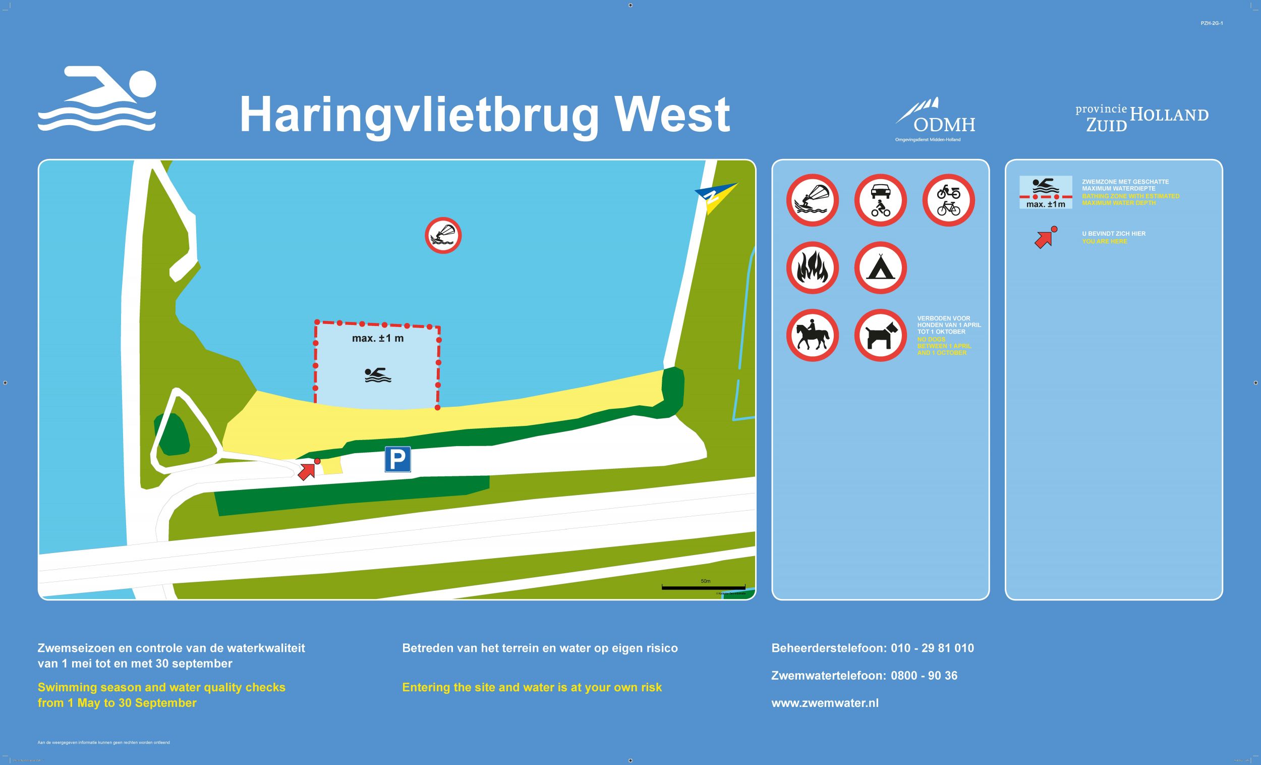 Het informatiebord bij zwemlocatie Haringvlietbrug West