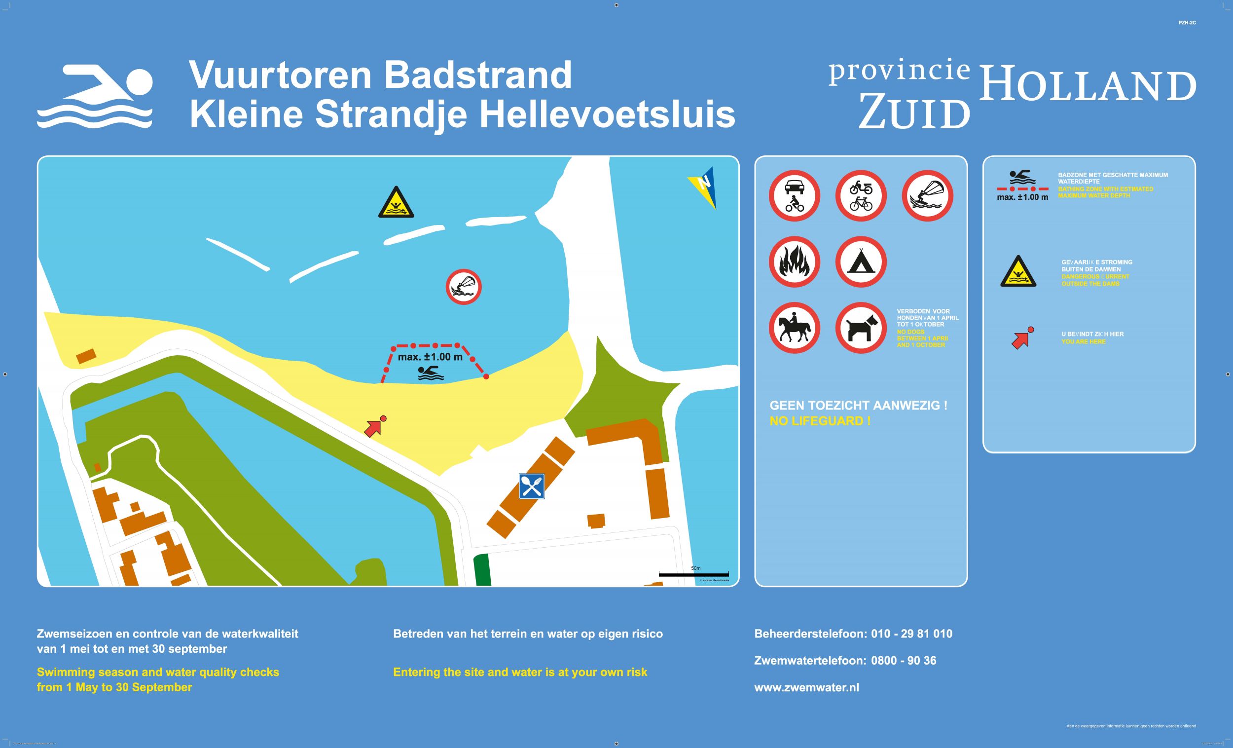 Het informatiebord bij zwemlocatie Vuurtoren Badstrand Hellevoetsluis