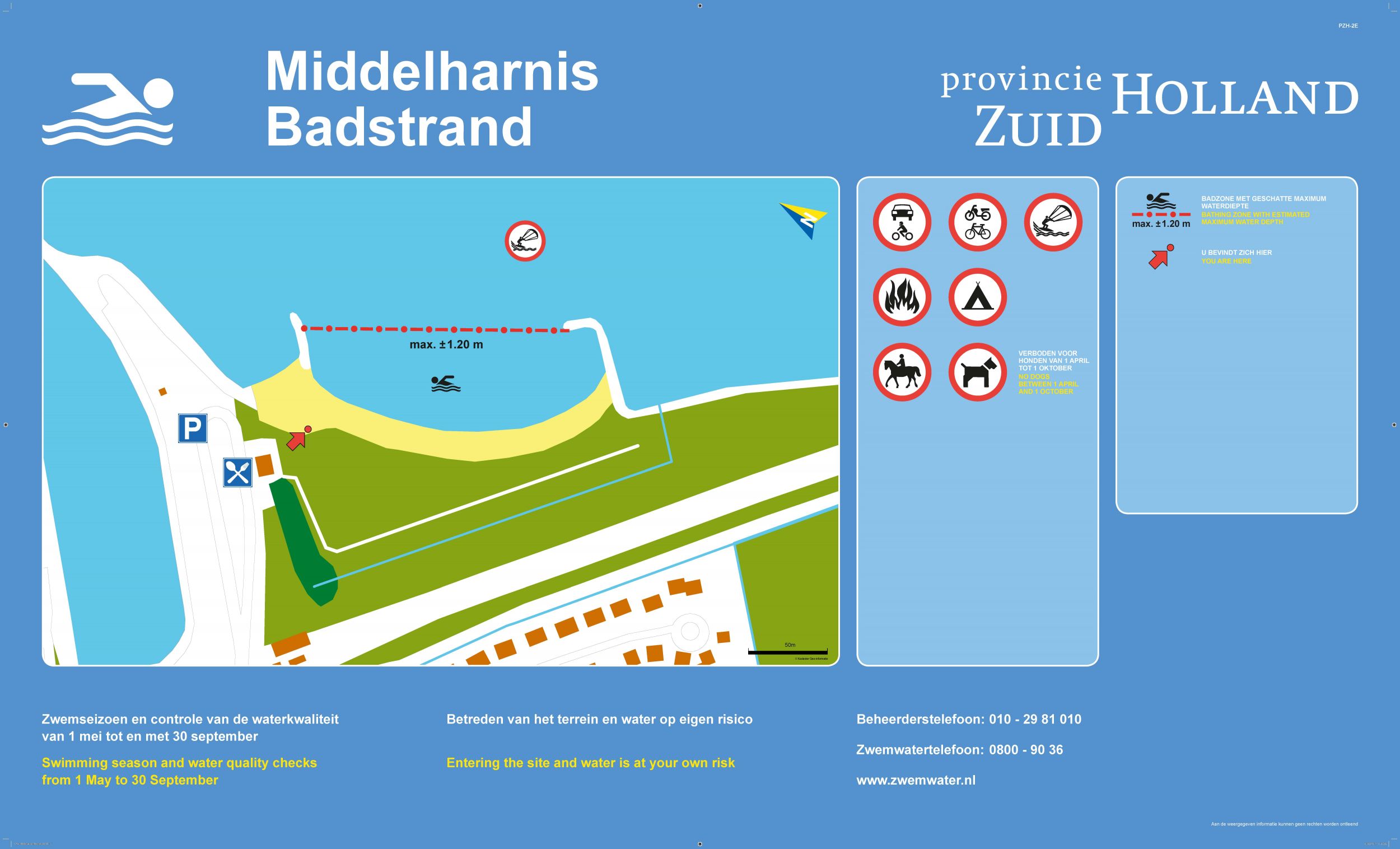 Het informatiebord bij zwemlocatie Middelharnis Badstrand