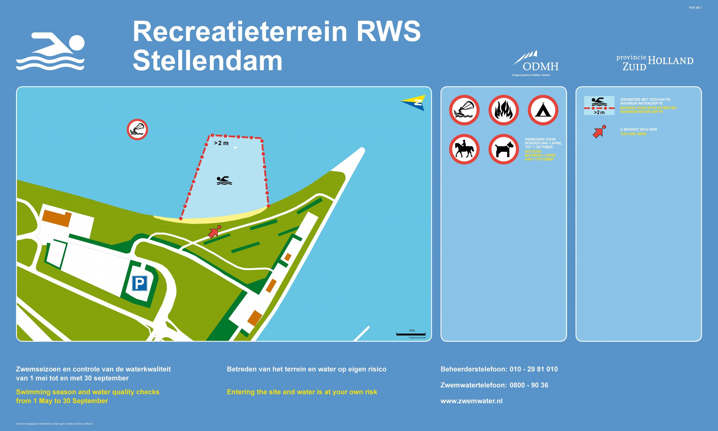 Het informatiebord bij zwemlocatie Recreatieterrein RWS Stellendam