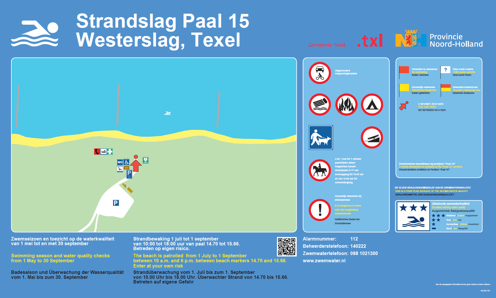 Het informatiebord bij zwemlocatie Strandslag Paal 15 Westerslag