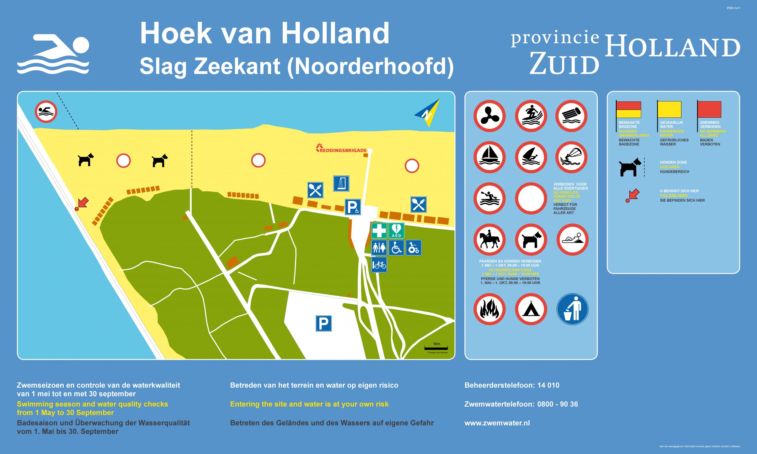 Het informatiebord bij zwemlocatie Hoek van Holland