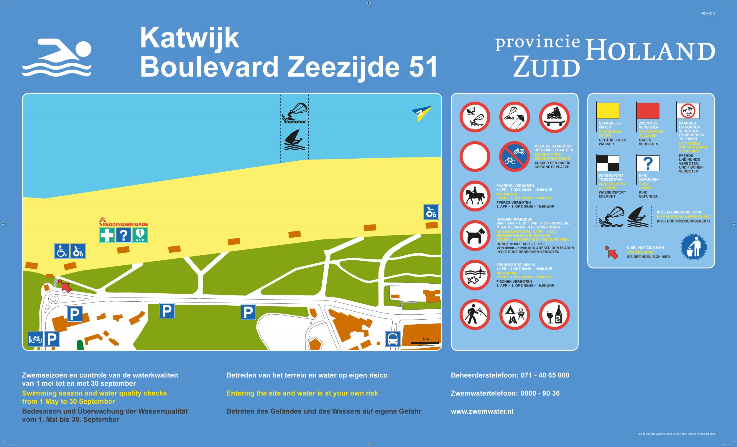 Het informatiebord bij zwemlocatie Katwijk aan Zee Boulevard Zuid