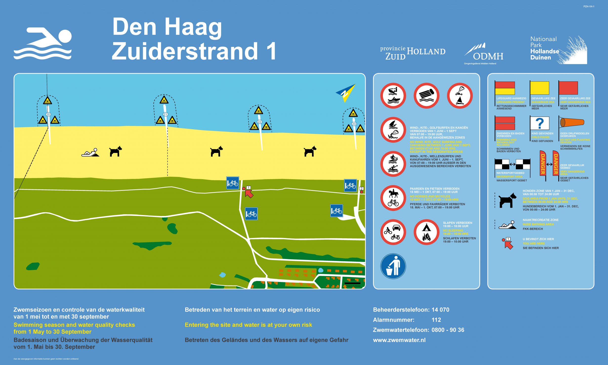 Het informatiebord bij zwemlocatie Den Haag Kijkduin