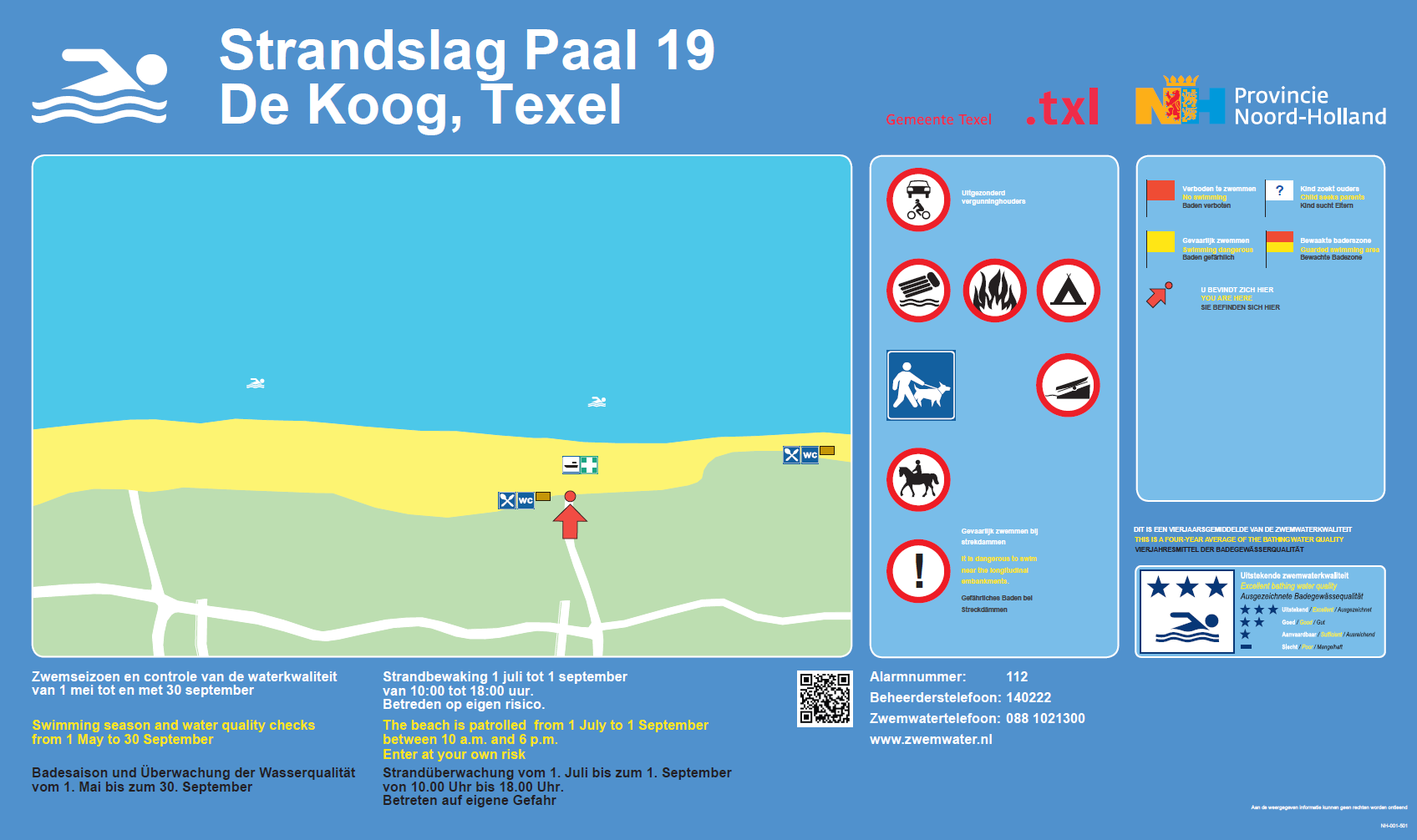 The information board at the swimming location De Koog Strandslag Paal 19