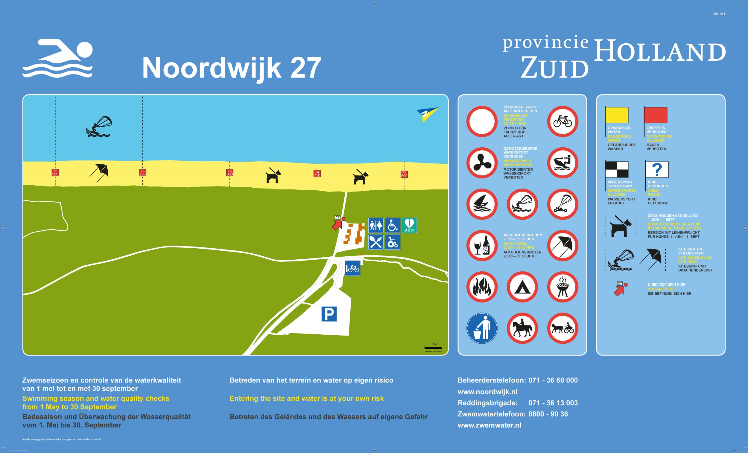 Het informatiebord bij zwemlocatie Noordwijk aan Zee