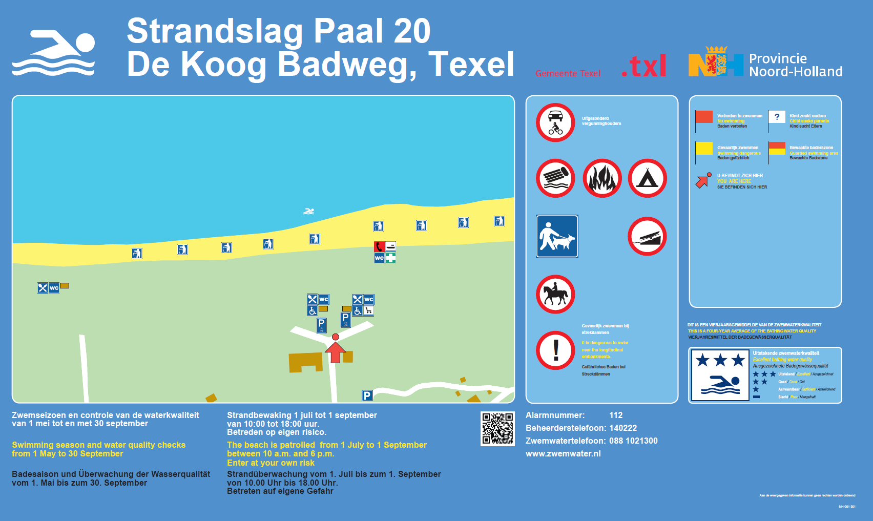 Het informatiebord bij zwemlocatie De Koog Centrum Strandslag Paal 20