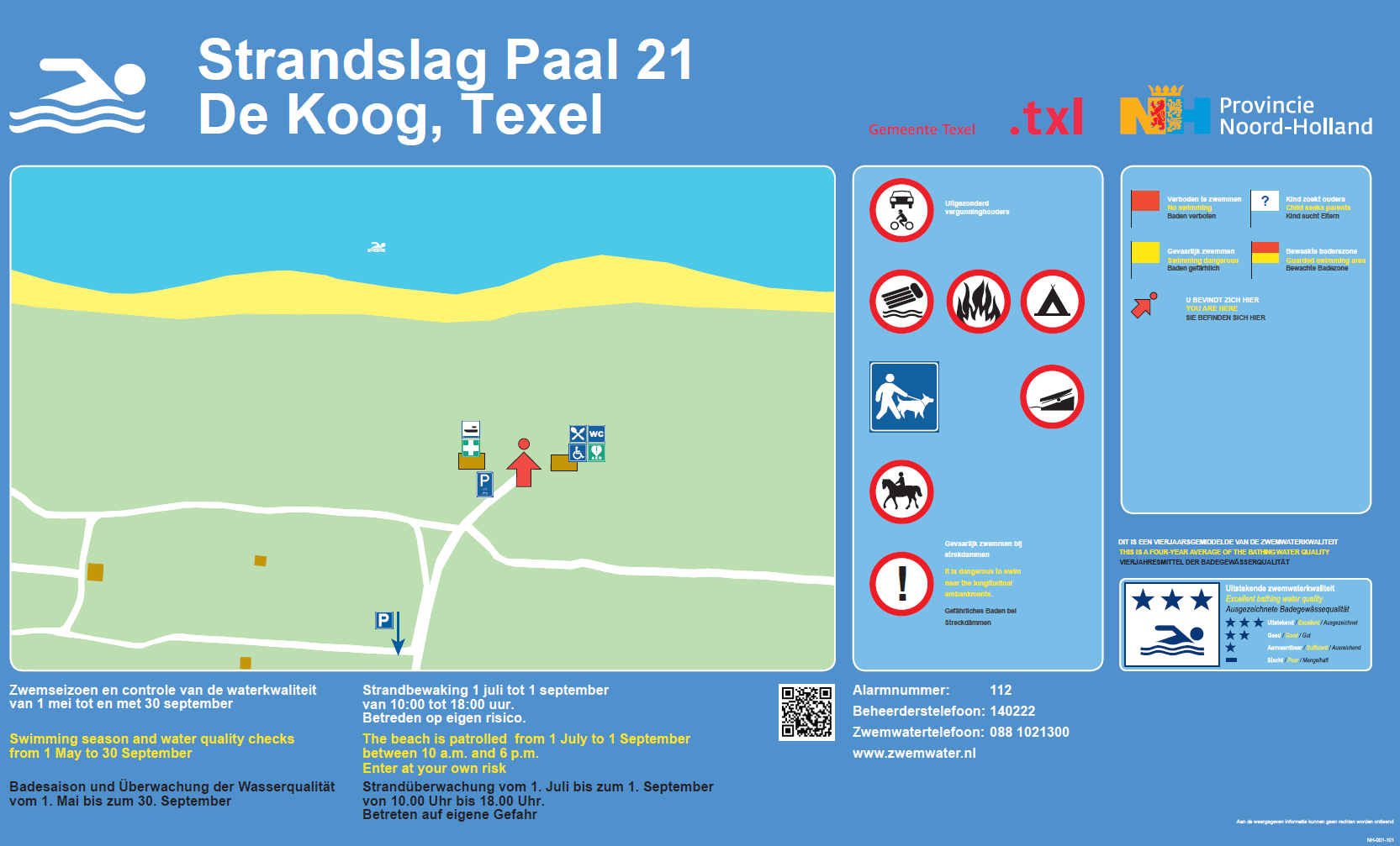 Het informatiebord bij zwemlocatie De Koog Strandslag Paal 21