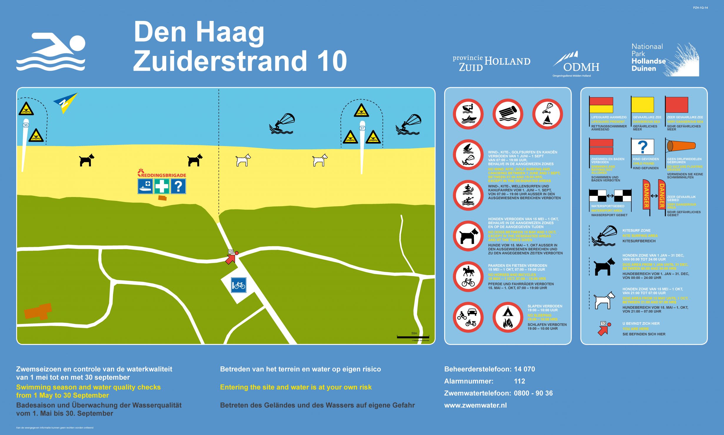 Het informatiebord bij zwemlocatie Scheveningen Zuiderstrand
